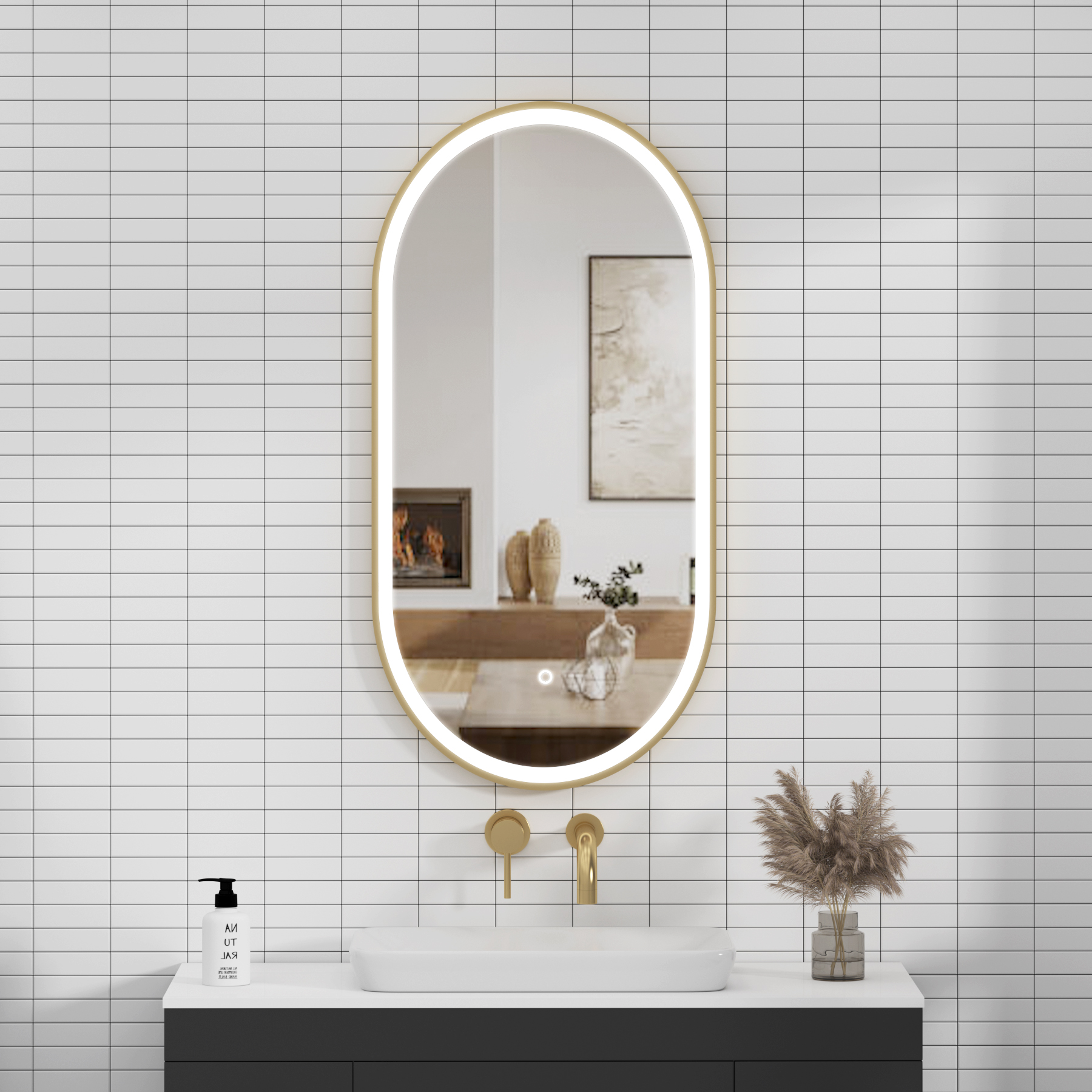 Elite 450 x 900mm Brushed Brass Frontlit LED Illuminated Framed Capsule Mirror with Demister Pad & Touch Sensor