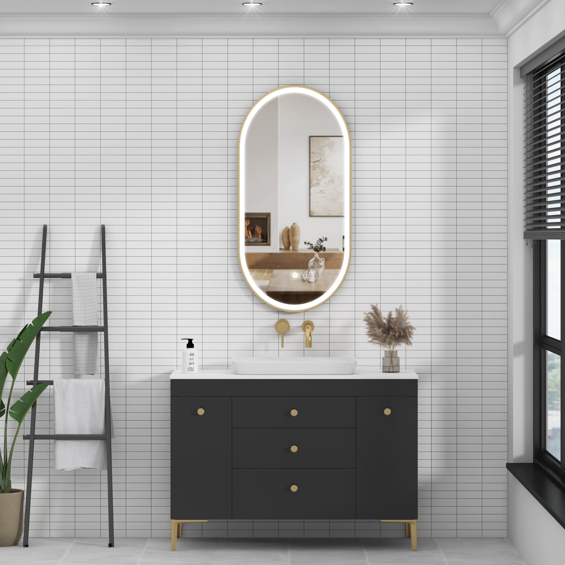 Elite 450 x 900mm Brushed Brass Frontlit LED Illuminated Framed Capsule Mirror with Demister Pad & Touch Sensor