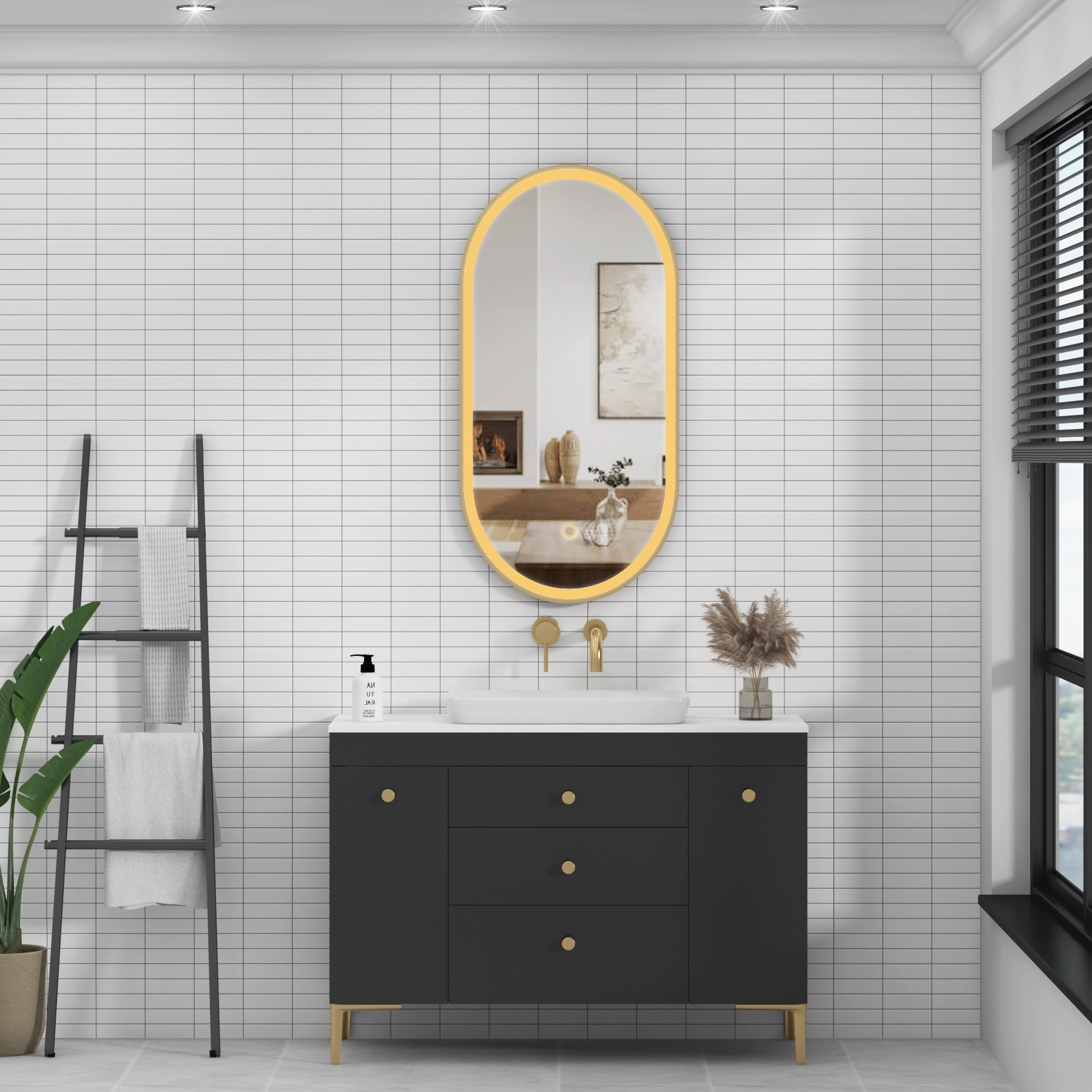 Elite 450 x 900mm Brushed Brass Frontlit LED Illuminated Framed Capsule Mirror with Demister Pad & Touch Sensor