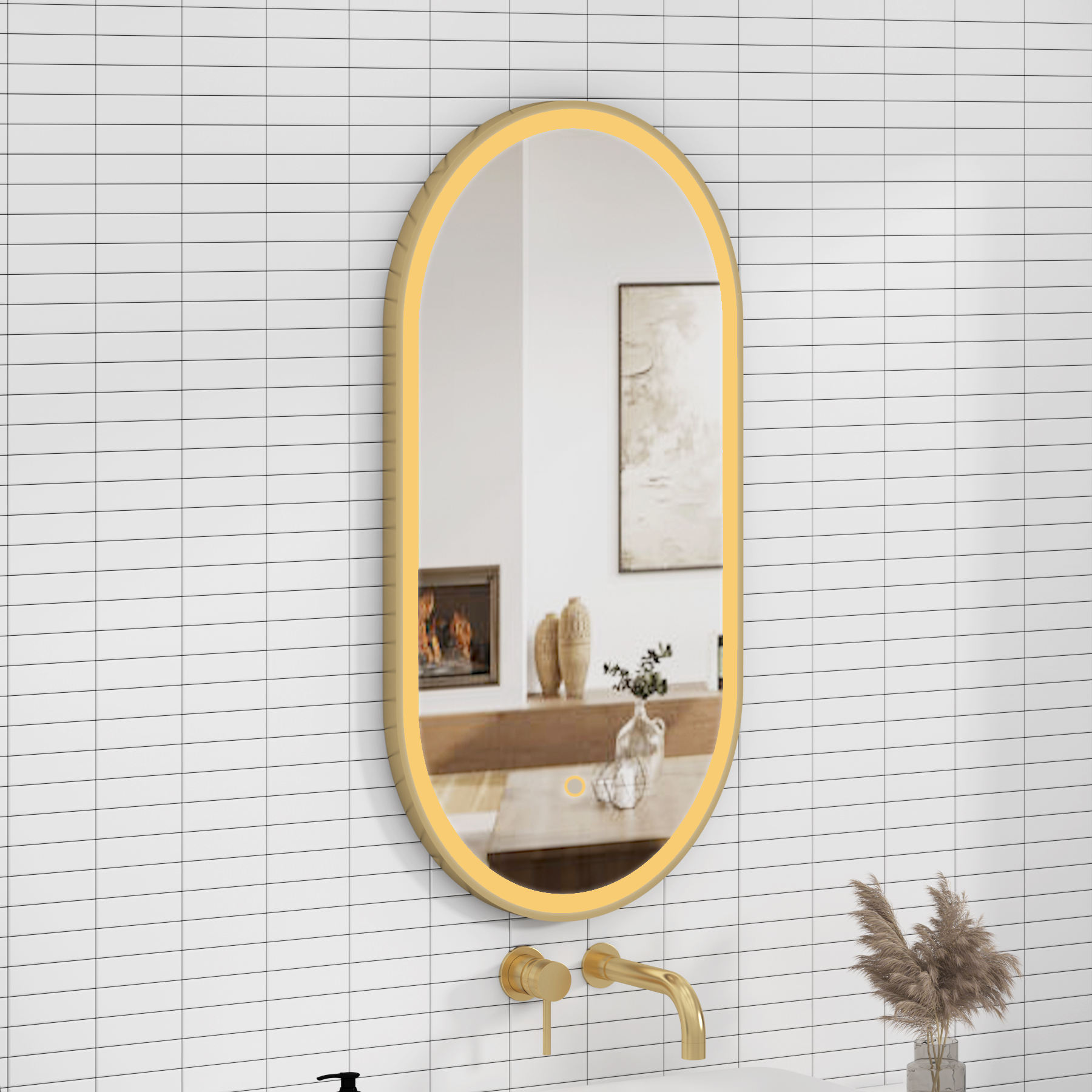 Elite 450 x 900mm Brushed Brass Frontlit LED Illuminated Framed Capsule Mirror with Demister Pad & Touch Sensor