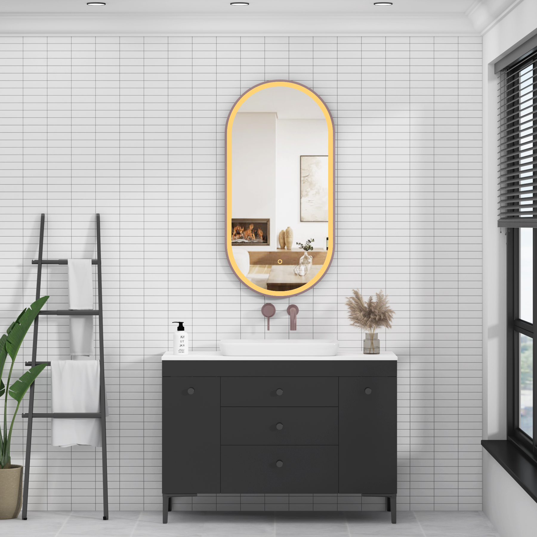 Elite 450 x 900mm Brushed Bronze Frontlit LED Illuminated Framed Capsule Mirror with Demister Pad & Touch Sensor