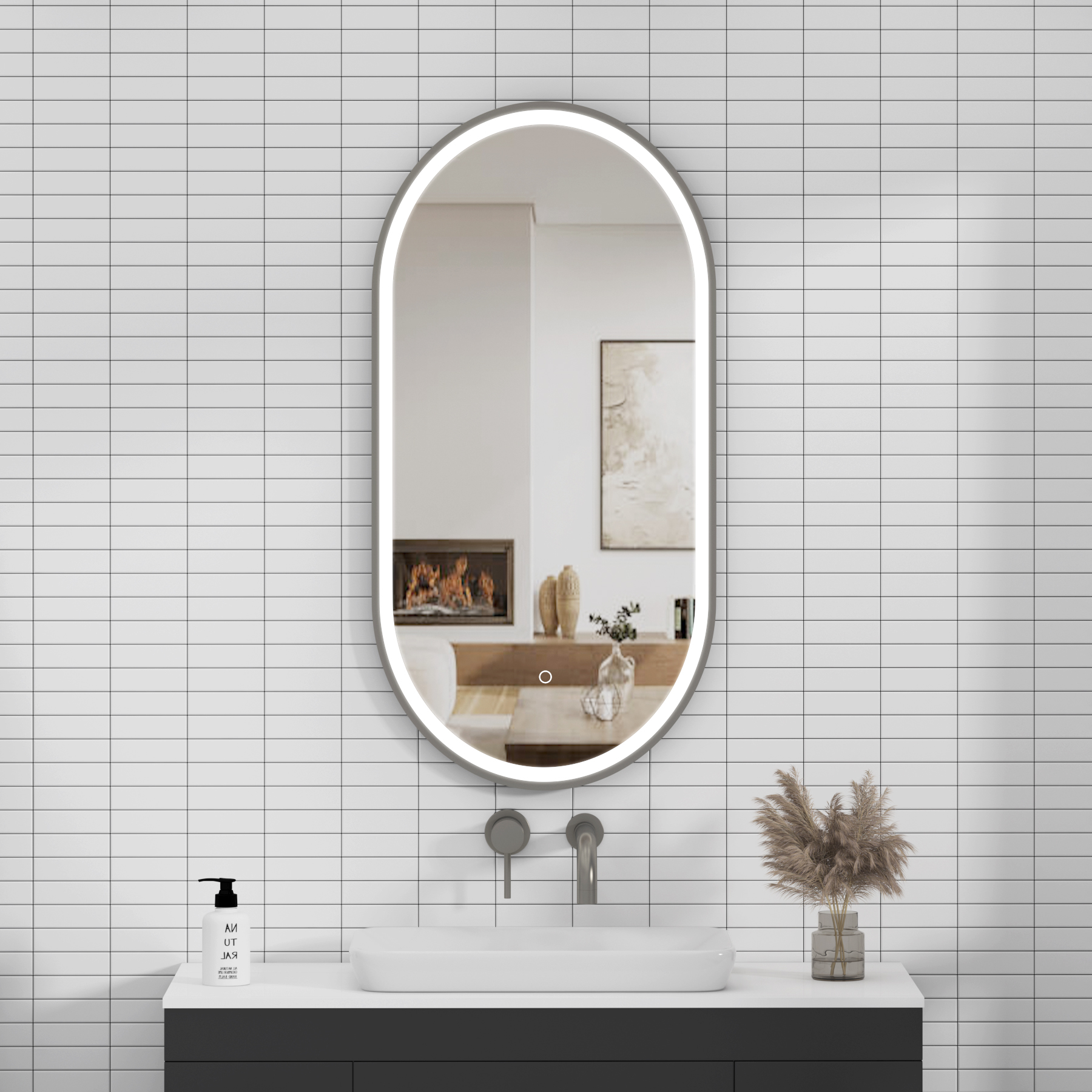 Elite 450 x 900mm Gun Metal Grey Frontlit LED Illuminated Framed Capsule Mirror with Demister Pad & Touch Sensor