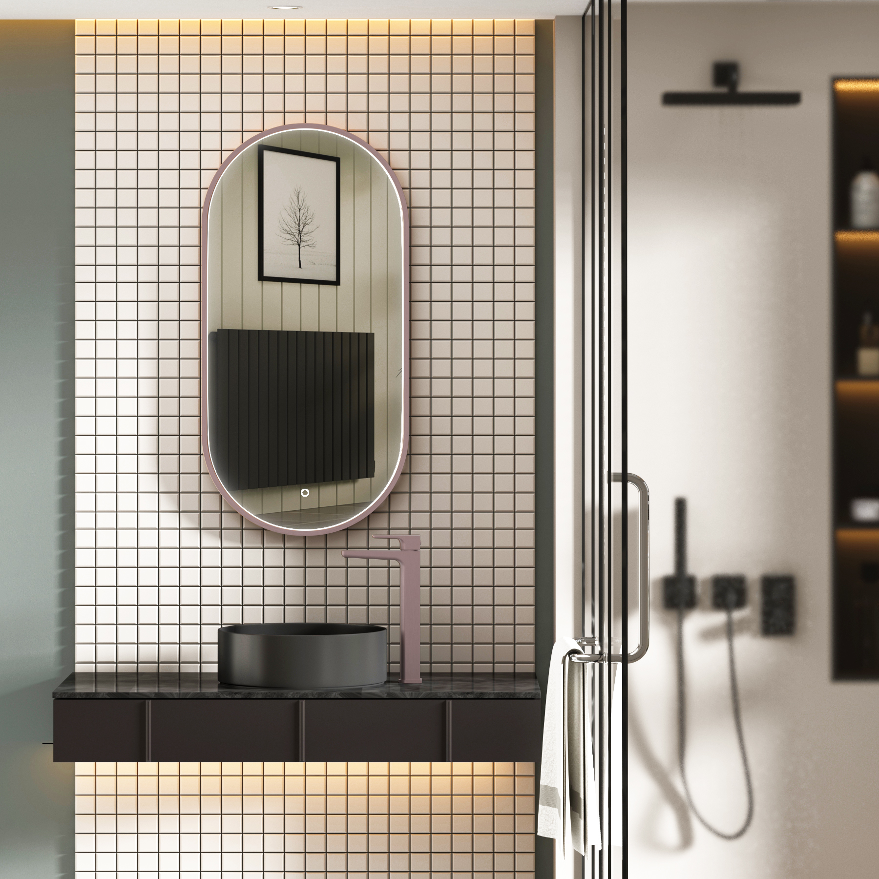 Luxor 450 x 900mm Brushed Bronze Framed Capsule Mirror Within Frame LED, Touch Sensor & Demister Pad