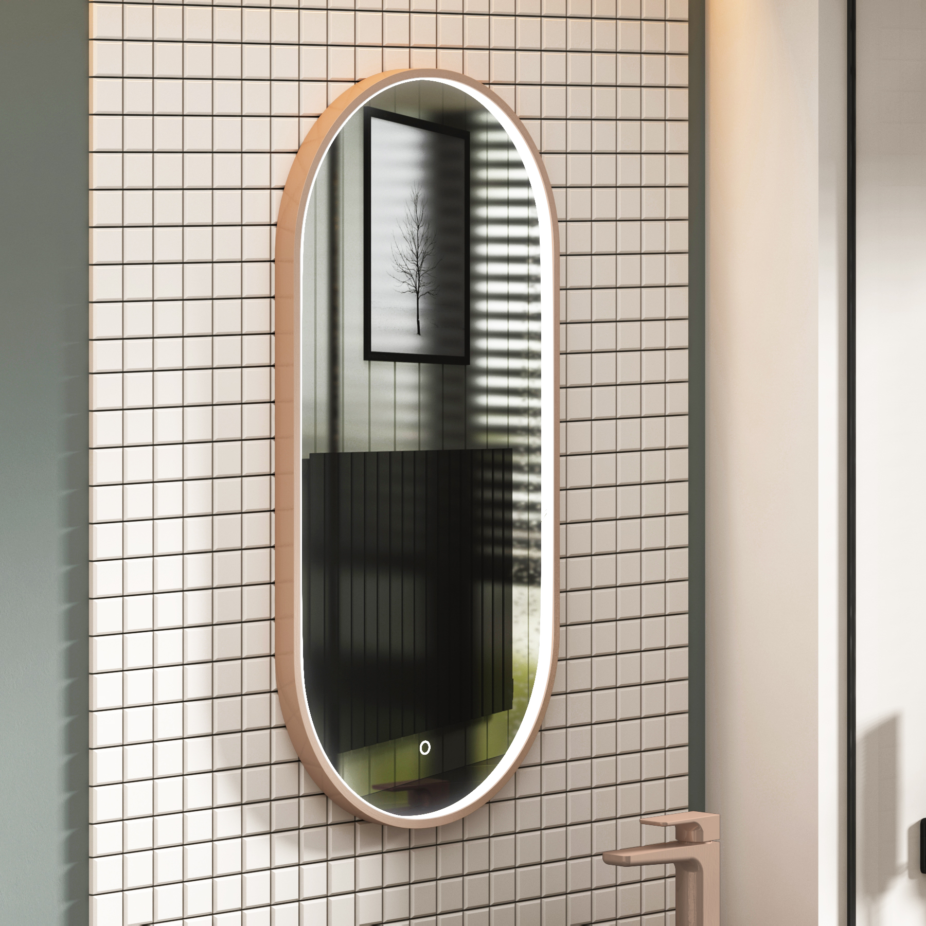 Elite 450 x 900mm Brushed Brass LED Framed Capsule Mirror with Demister Pad Anti-Fog
