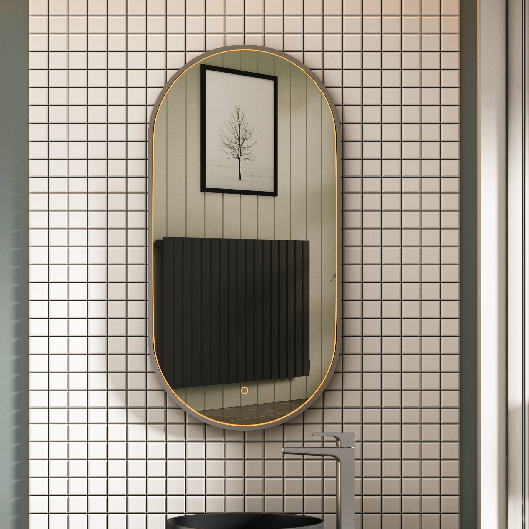 Luxor 450 x 900mm Gun Metal Grey Framed Capsule Mirror Within Frame LED, Touch Sensor & Demister Pad