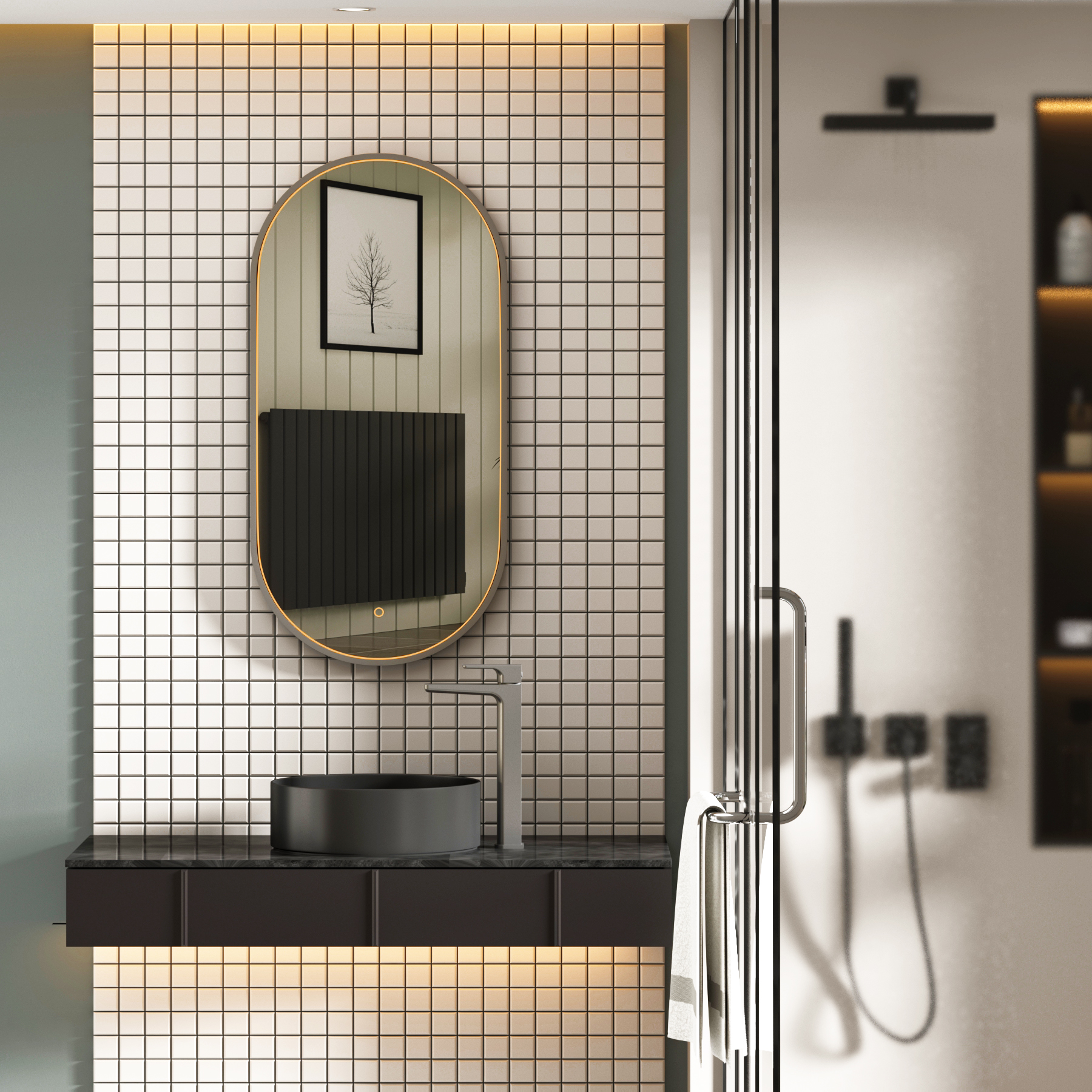 Luxor 450 x 900mm Gun Metal Grey Framed Capsule Mirror Within Frame LED, Touch Sensor & Demister Pad