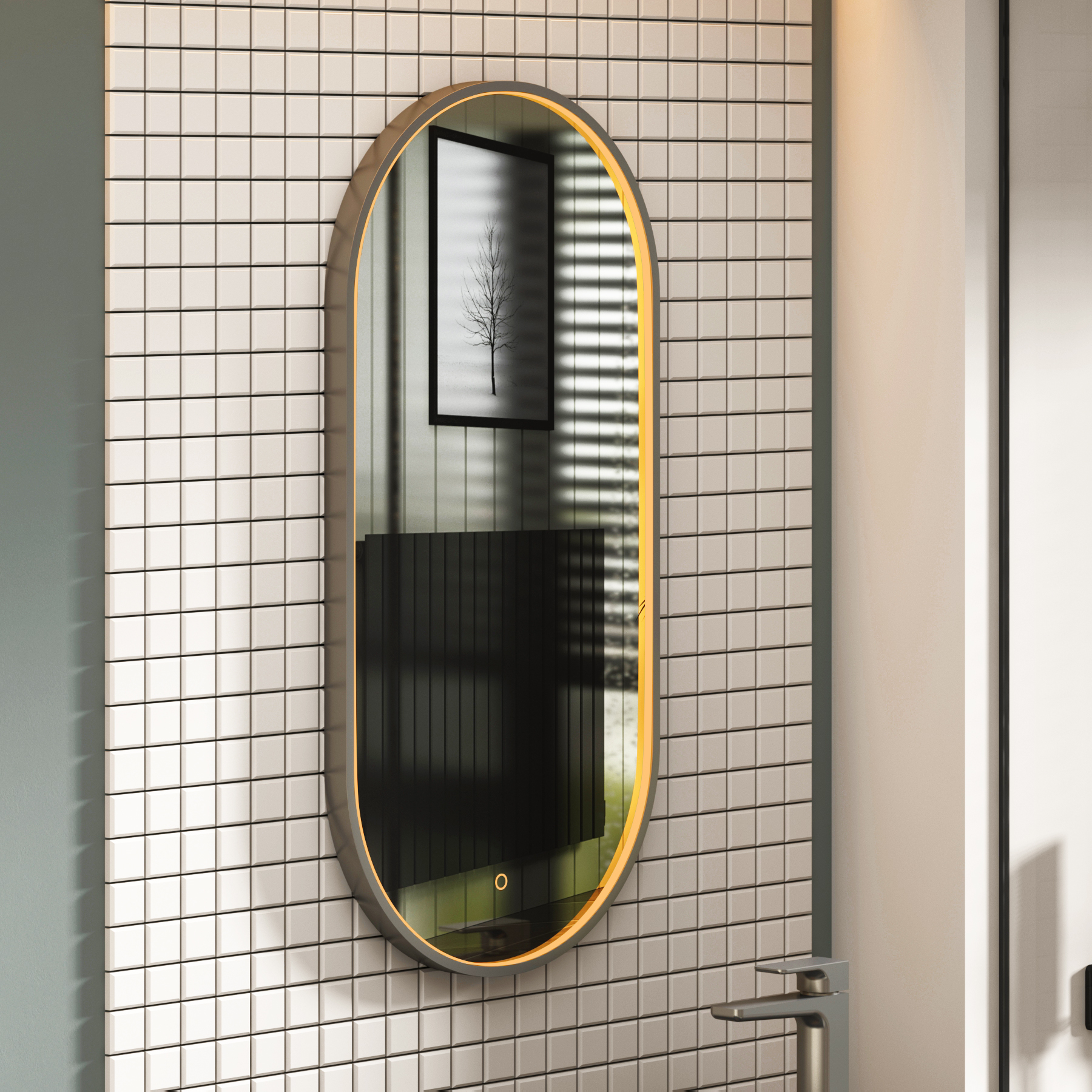 Luxor 450 x 900mm Gun Metal Grey Framed Capsule Mirror Within Frame LED, Touch Sensor & Demister Pad