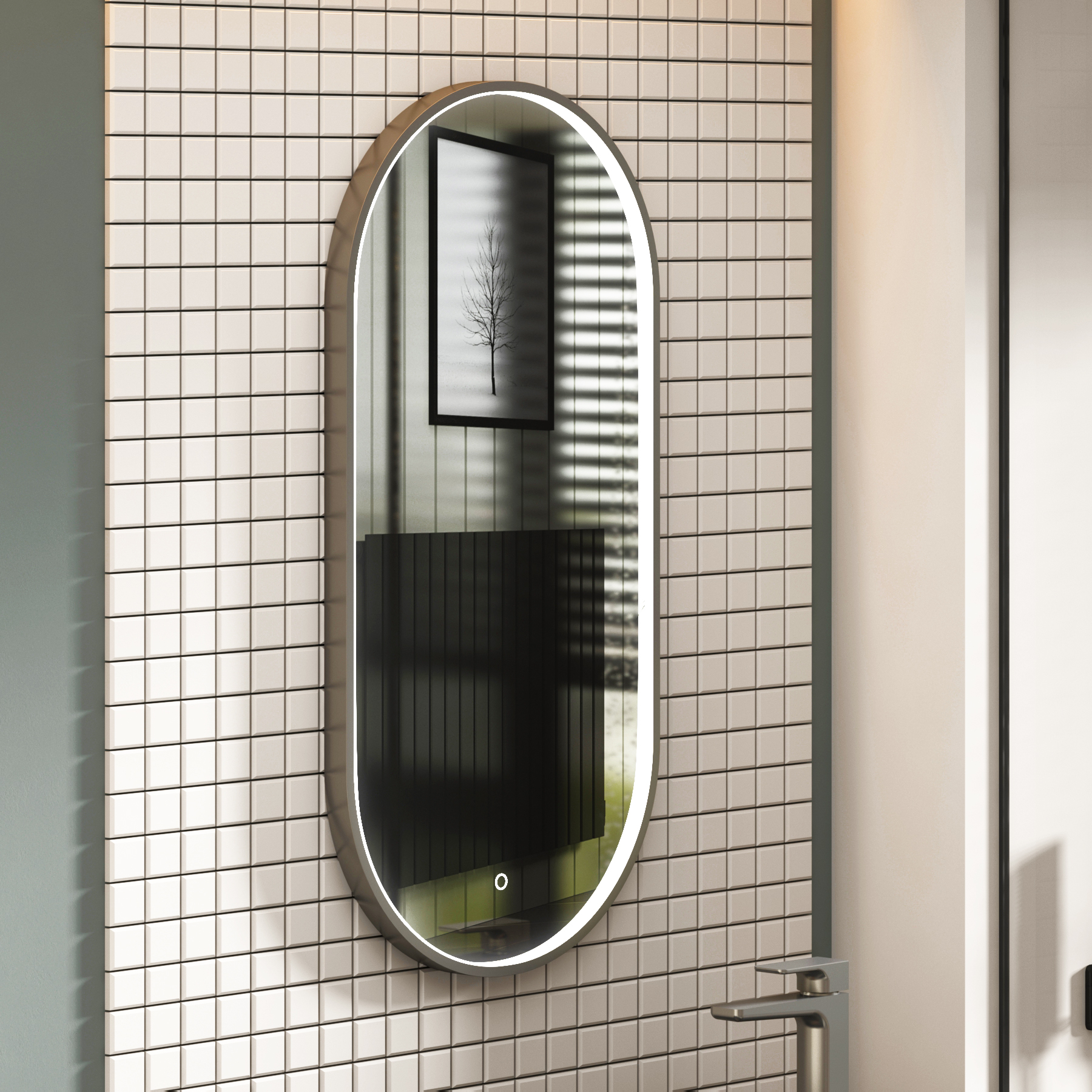 Luxor 450 x 900mm Gun Metal Grey Framed Capsule Mirror Within Frame LED, Touch Sensor & Demister Pad