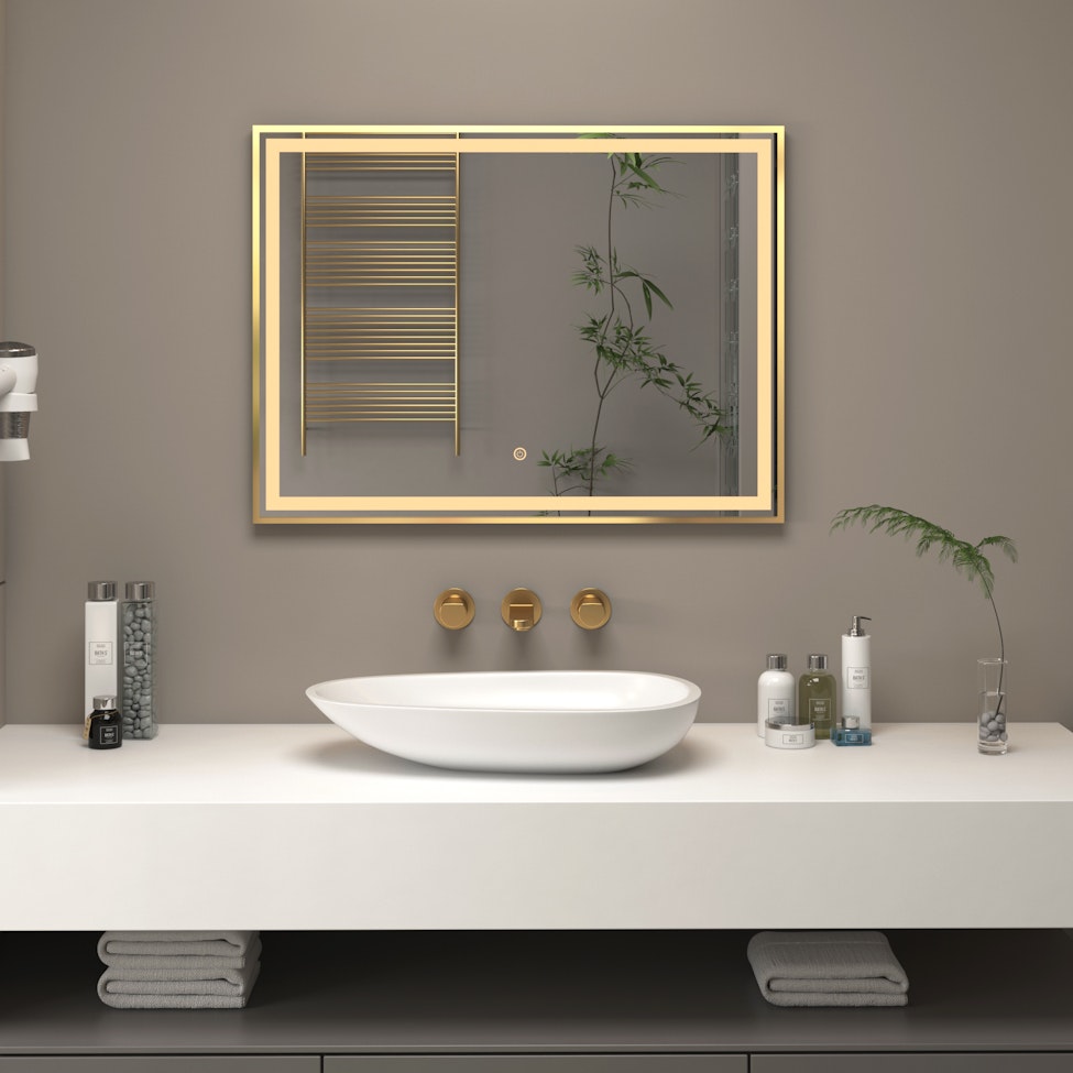 Oslo 800 x 600mm Brushed Brass LED Illuminated Framed Mirror with Demister Pad & Touch Sensor