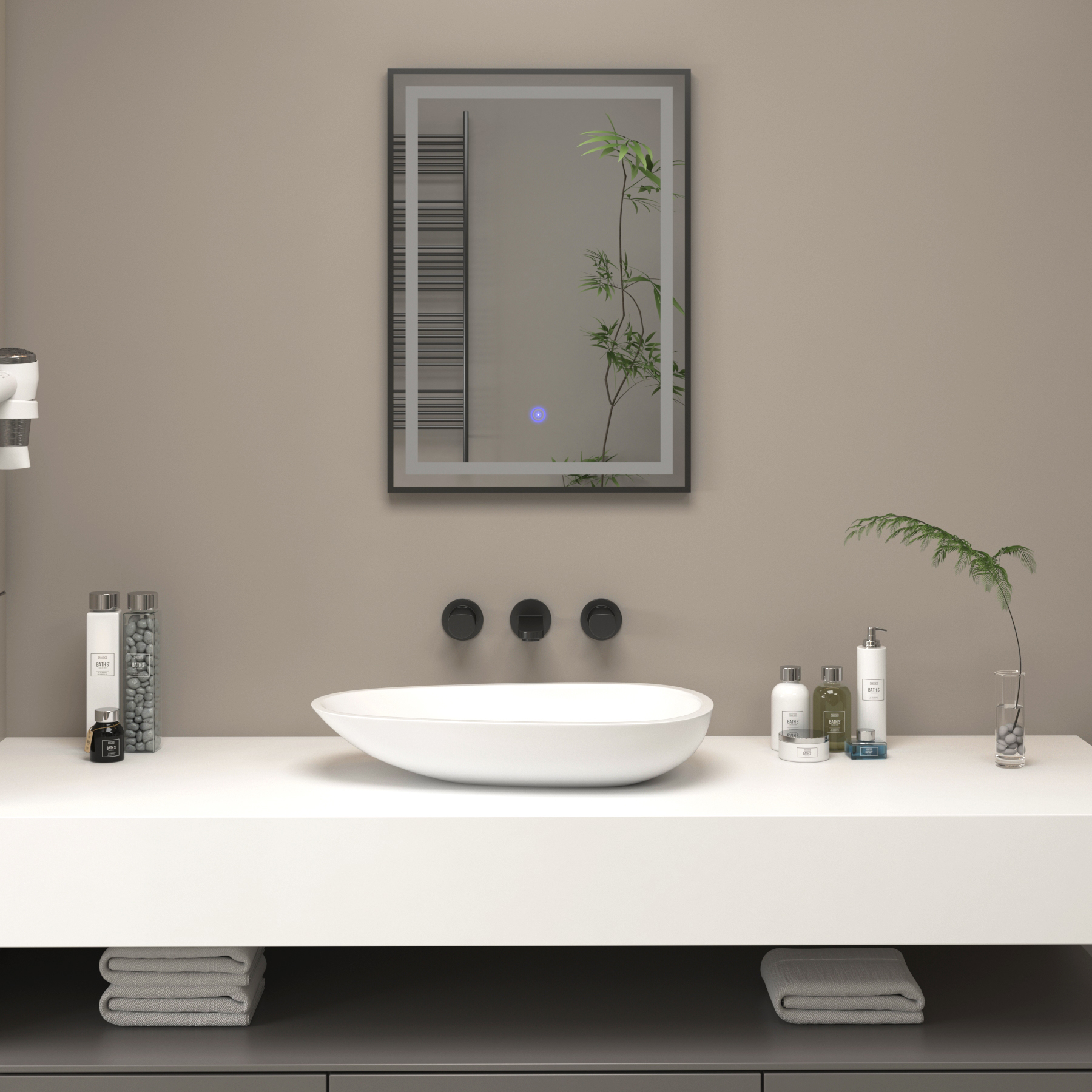 Oslo 500 x 700mm Matt Black Frontlit LED Illuminated Framed Mirror with Demister Pad & Touch Sensor