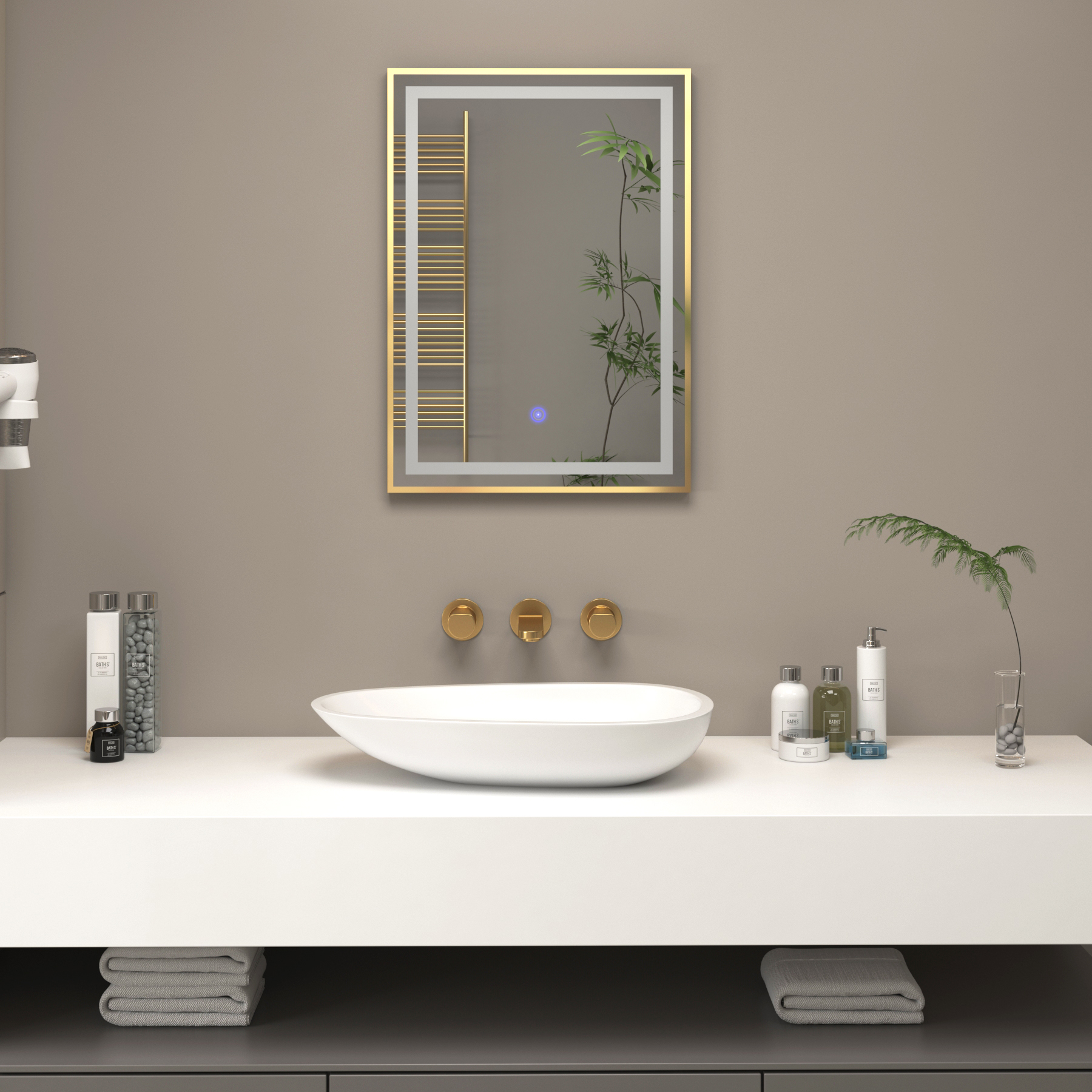 Oslo 500 x 700mm Brushed Brass Frontlit LED Illuminated Framed Mirror with Demister Pad & Touch Sensor