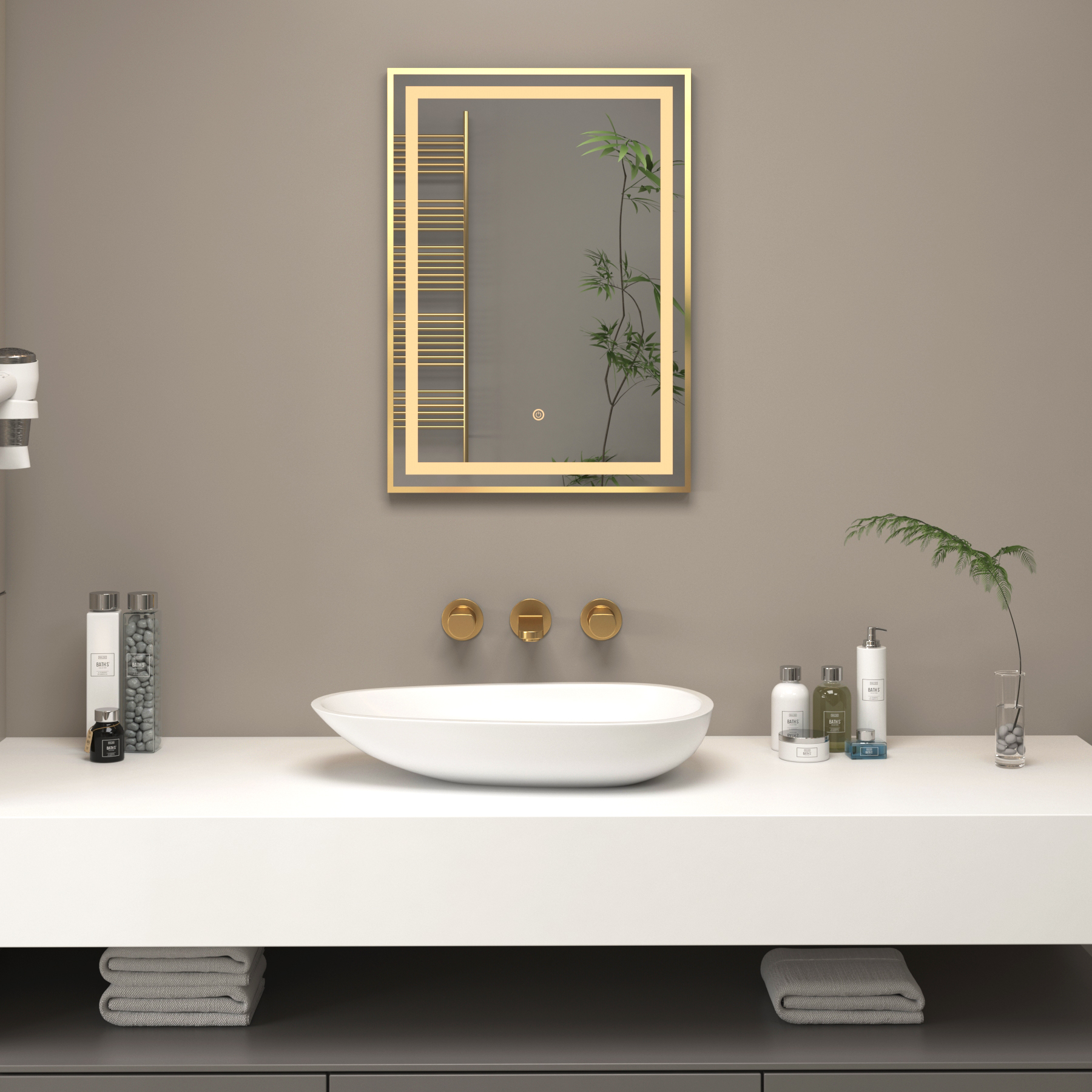 Oslo 500 x 700mm Brushed Brass Frontlit LED Illuminated Framed Mirror with Demister Pad & Touch Sensor