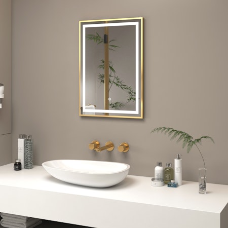 Oslo 500 x 700mm Brushed Brass LED Framed Rectangle Mirror with Demister Pad & Touch Sensor