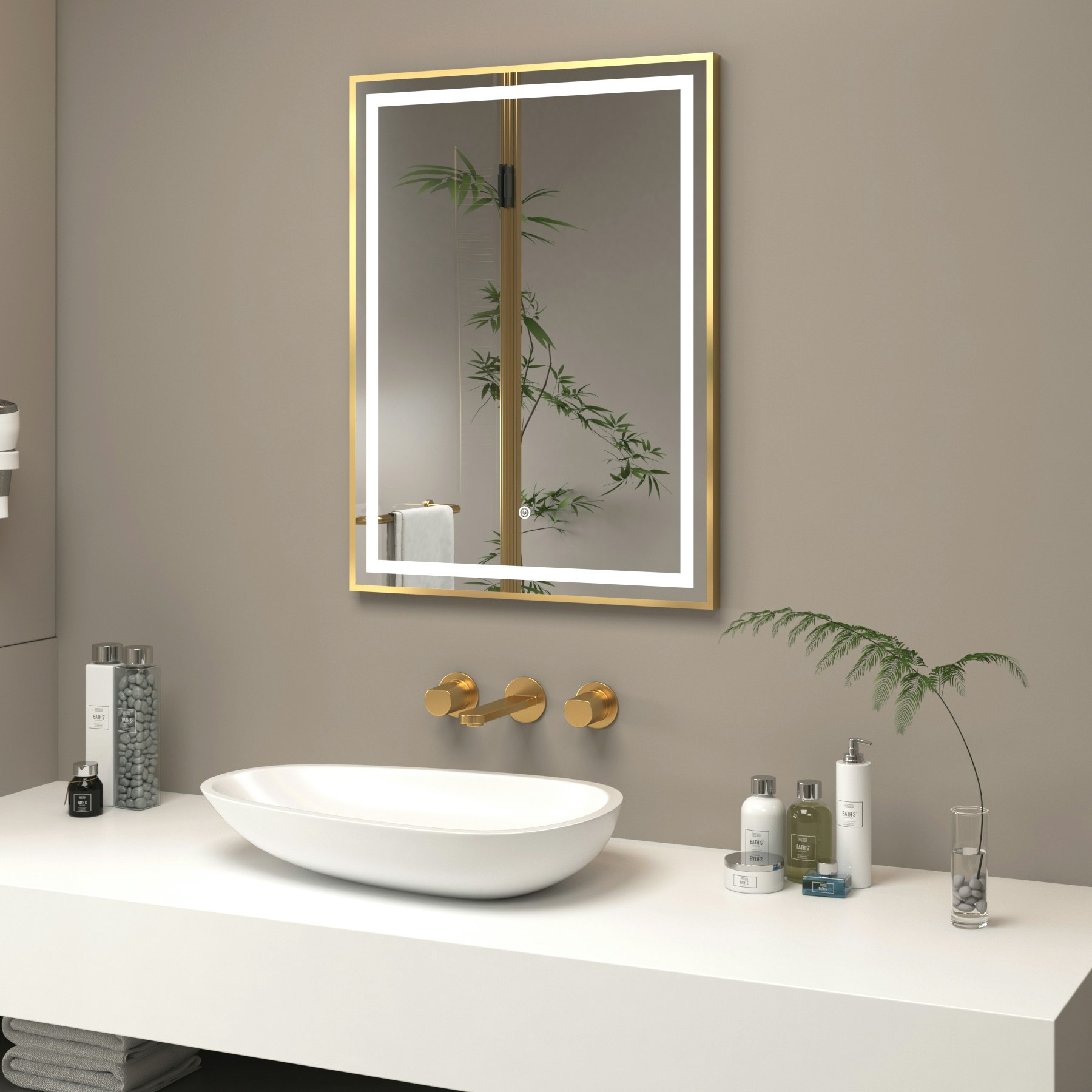 Oslo 600 x 800mm Brushed Brass Aluminum Framed LED Mirror with Demister Pad & Touch Sensor