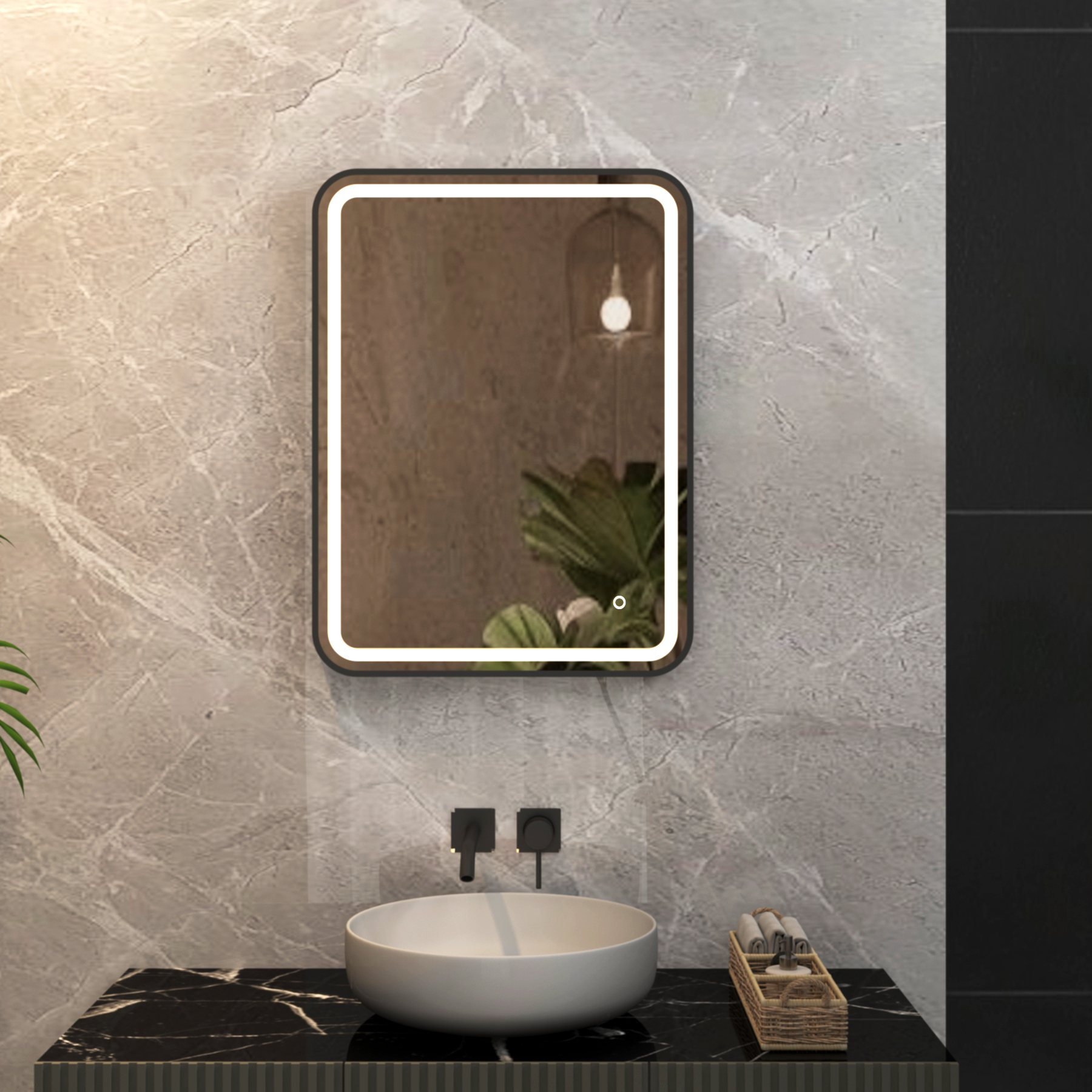 Luna 500 x 700mm Matt Black Frontlit LED Illuminated Framed Mirror with Demister Pad & Touch Sensor