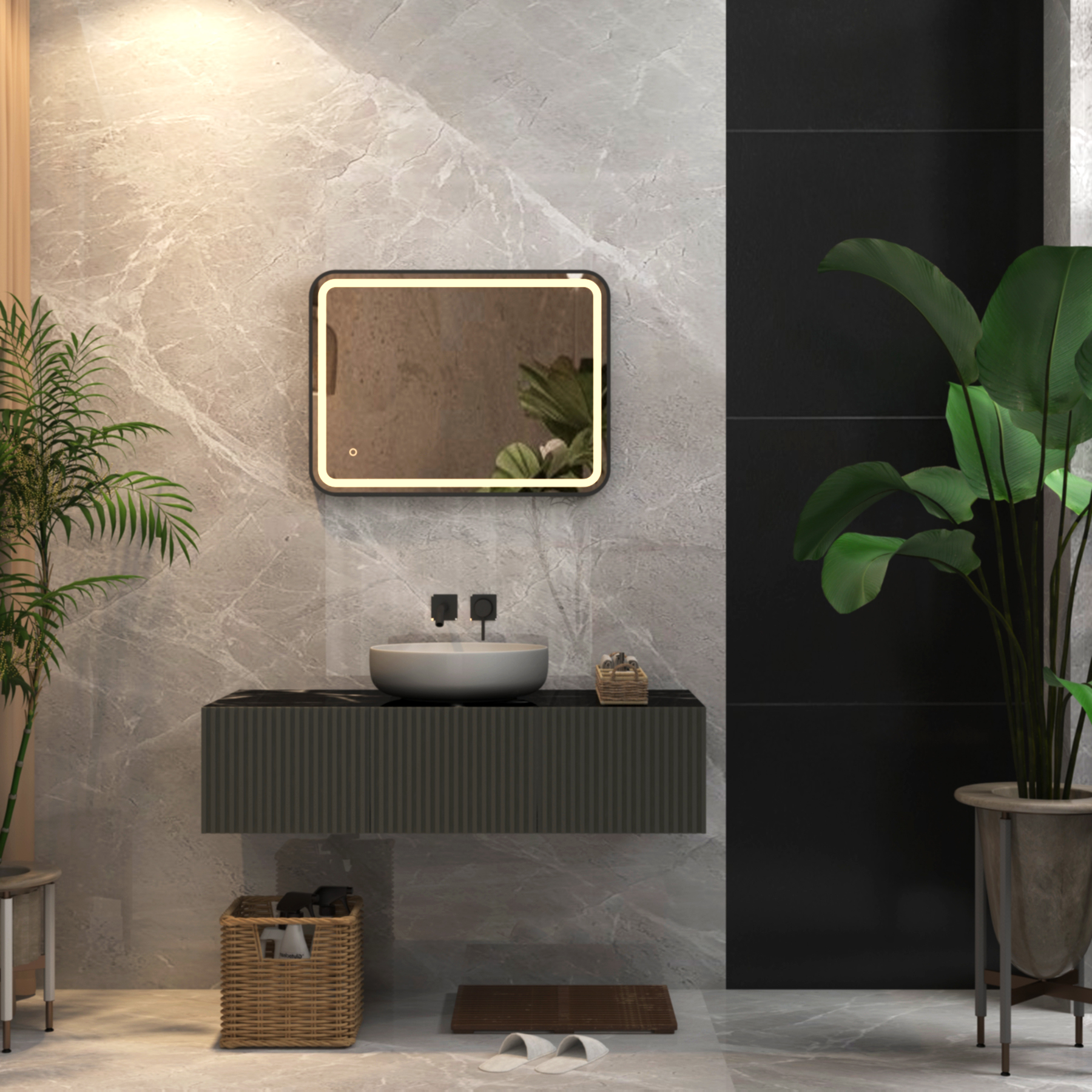 Luna 500 x 700mm Matt Black Frontlit LED Illuminated Framed Mirror with Demister Pad & Touch Sensor