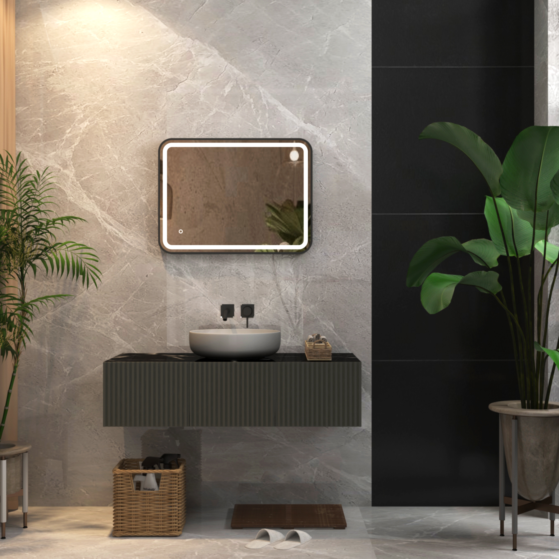 Luna 500 x 700mm Matt Black Frontlit LED Illuminated Framed Mirror with Demister Pad & Touch Sensor