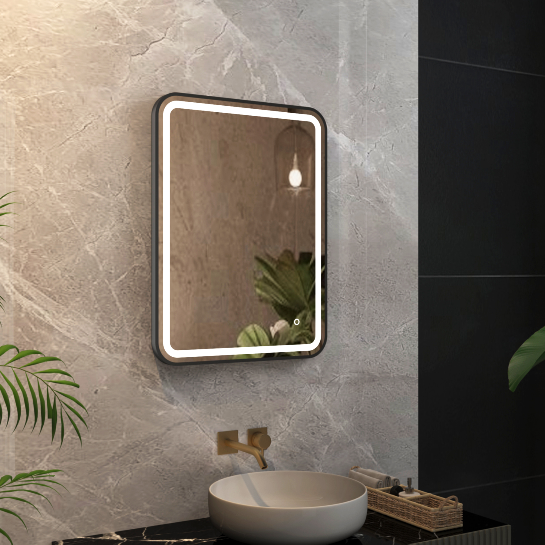 Luna 500 x 700mm Matt Black Frontlit LED Illuminated Framed Mirror with Demister Pad & Touch Sensor