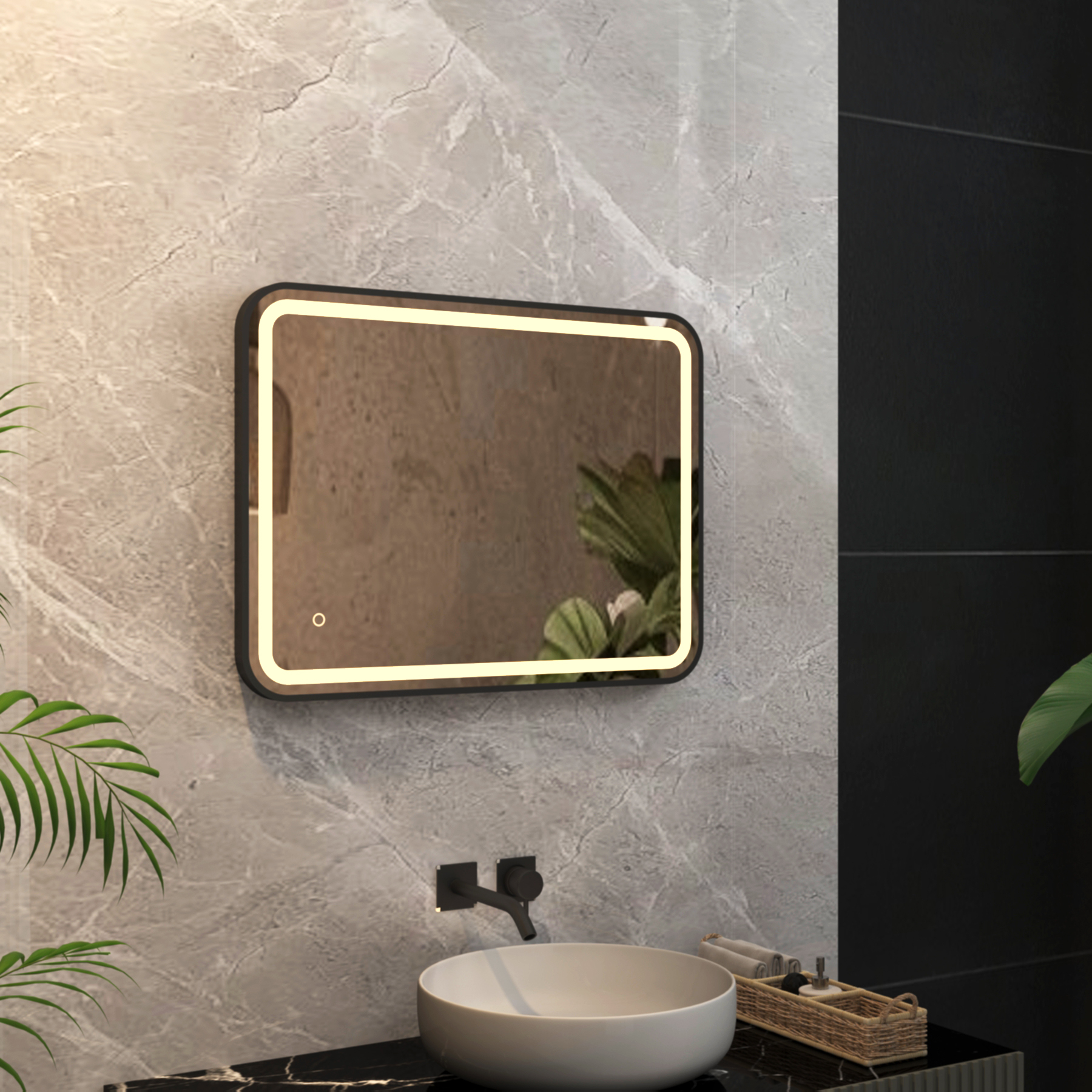 Luna 500 x 700mm Matt Black Frontlit LED Illuminated Framed Mirror with Demister Pad & Touch Sensor