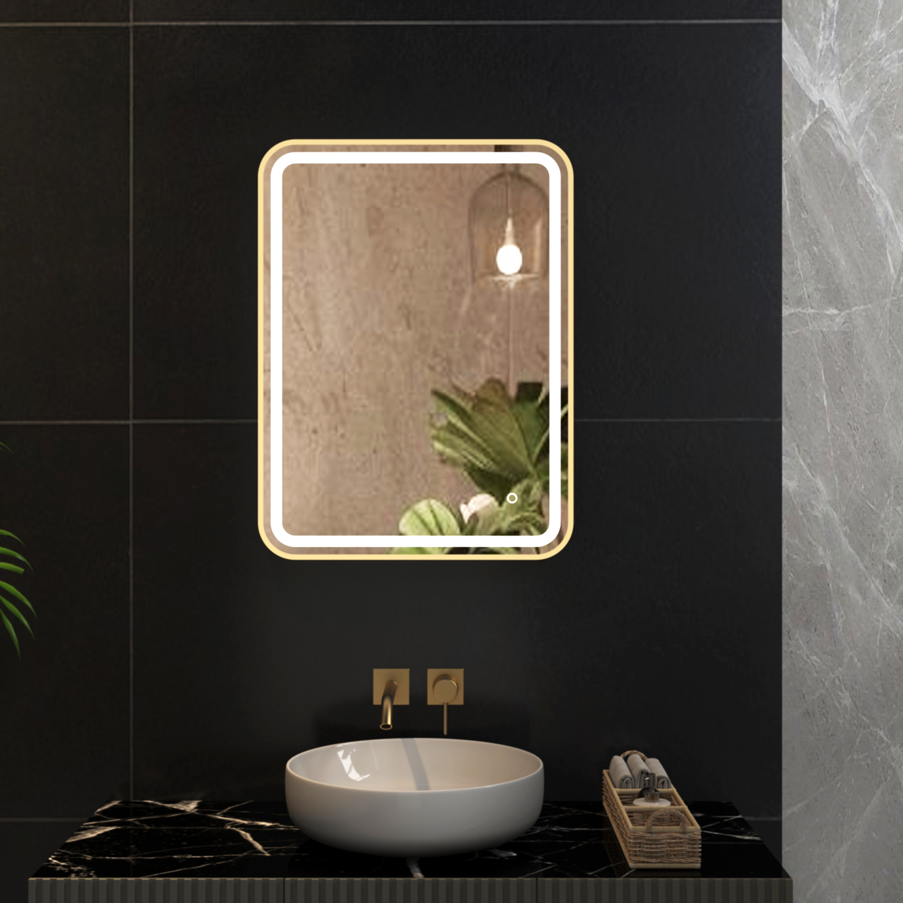 Luna 500 x 700mm Brushed Brass Frontlit LED Illuminated Framed Mirror with Demister Pad & Touch Sensor