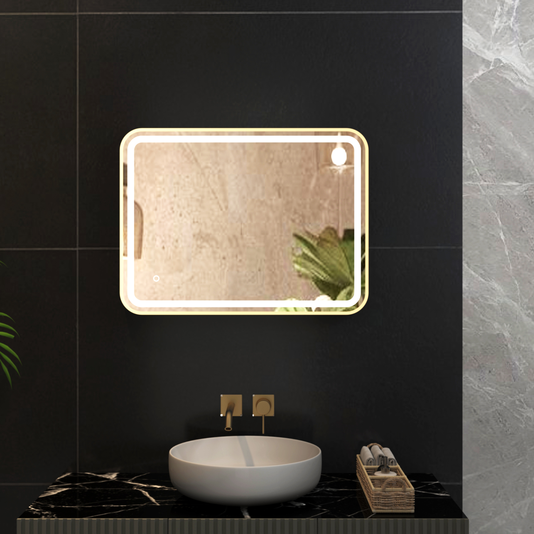 Luna 600 x 800mm Brushed Brass Frontlit LED Framed Illuminated Mirror with Demister Pad & Touch Sensor