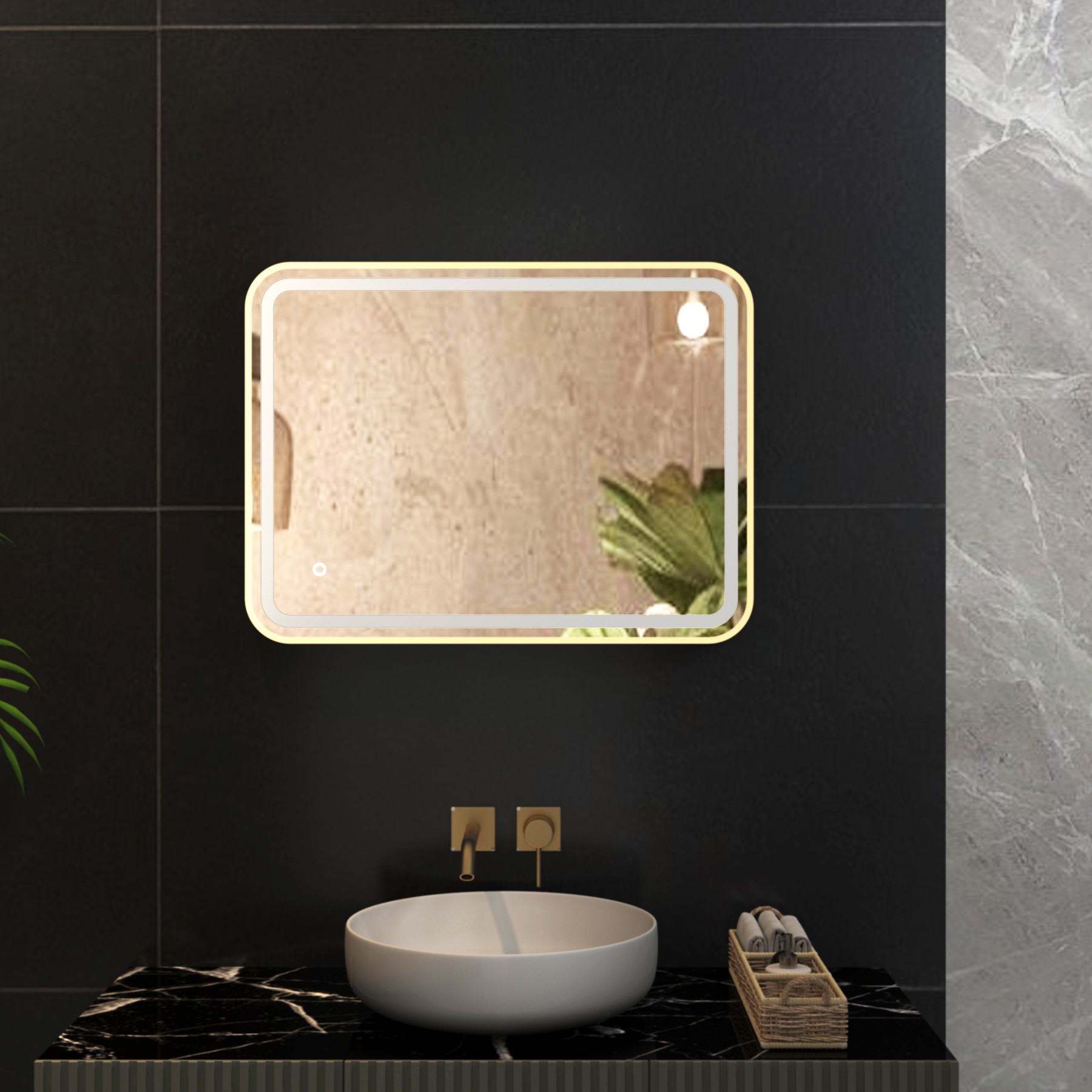 Luna 600 x 800mm Brushed Brass Frontlit LED Framed Illuminated Mirror with Demister Pad & Touch Sensor