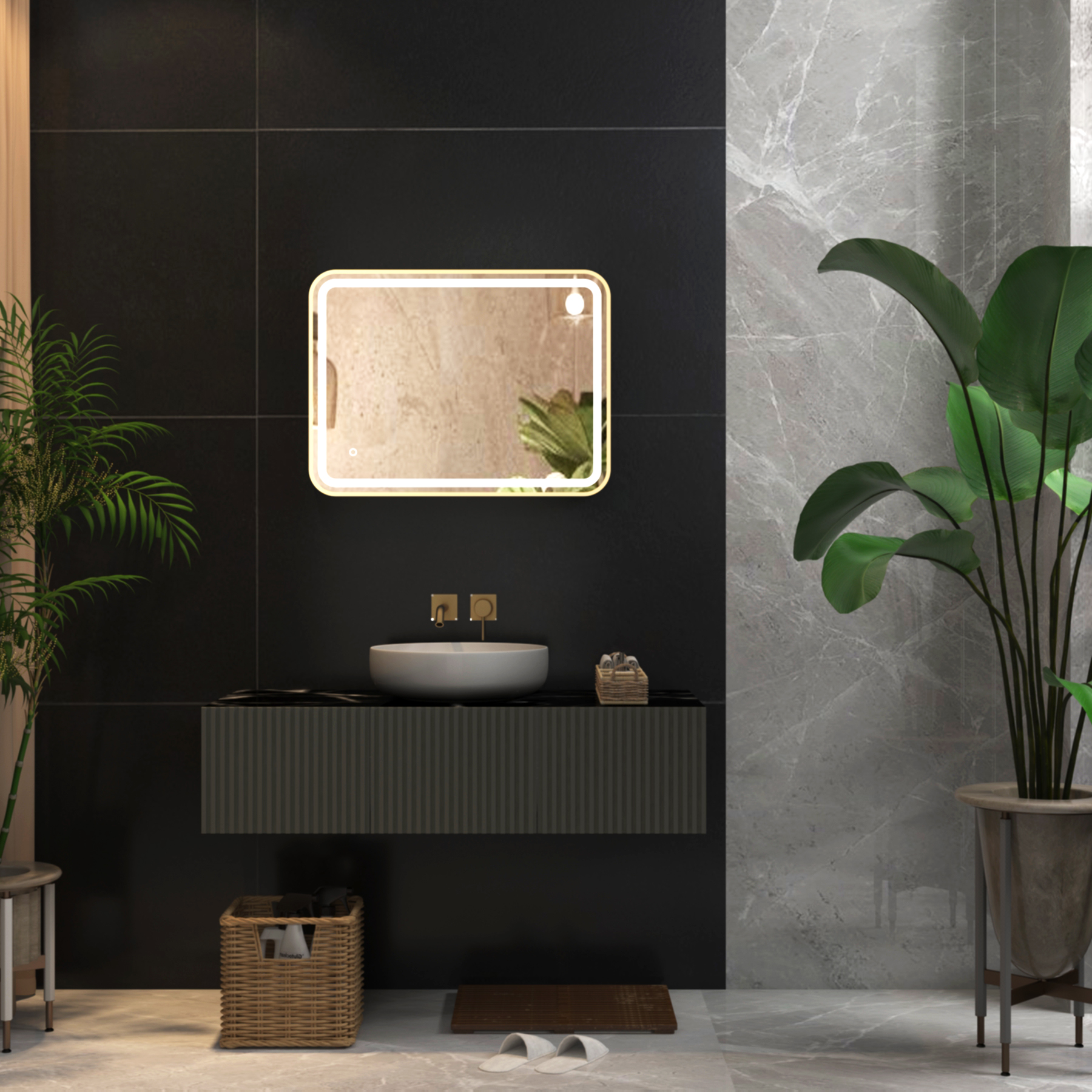 Luna 600 x 800mm Brushed Brass Frontlit LED Framed Illuminated Mirror with Demister Pad & Touch Sensor