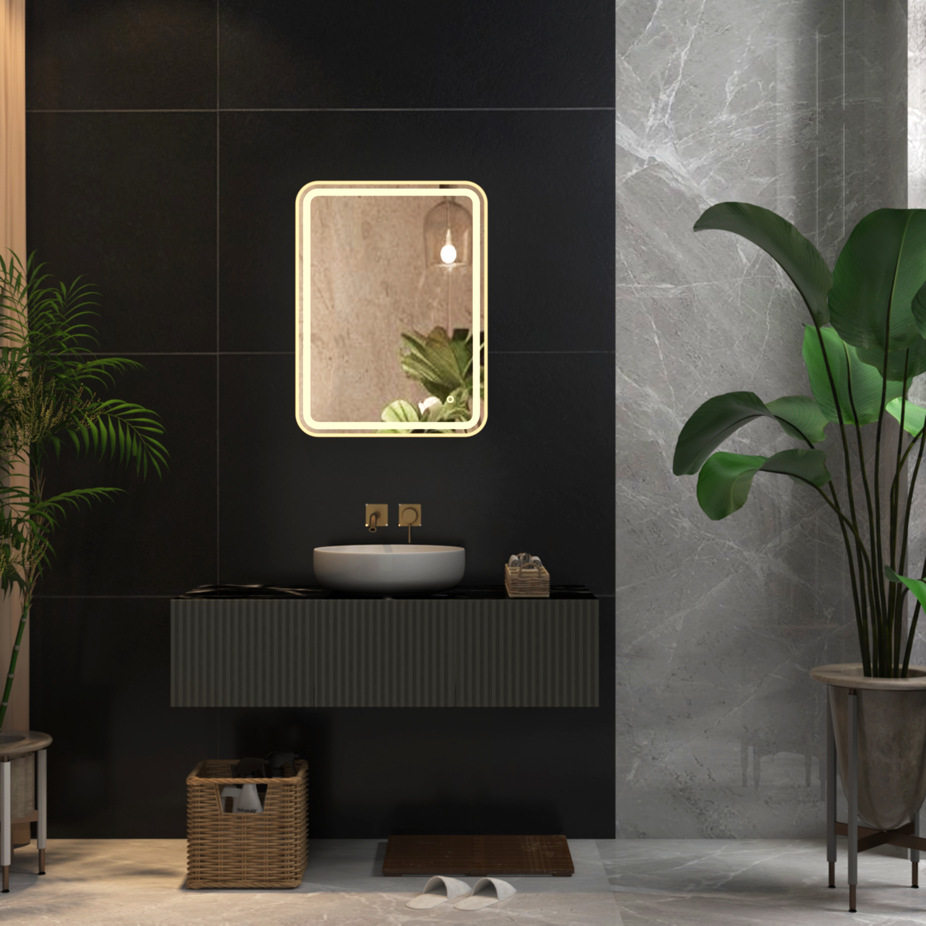 Luna 600 x 800mm Brushed Brass Frontlit LED Framed Illuminated Mirror with Demister Pad & Touch Sensor