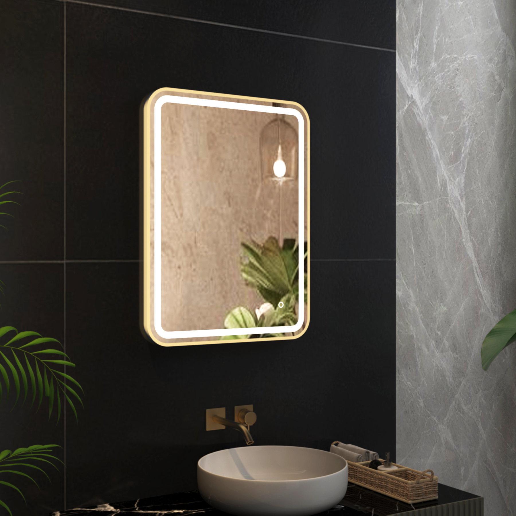Luna 600 x 800mm Brushed Brass Frontlit LED Framed Illuminated Mirror with Demister Pad & Touch Sensor
