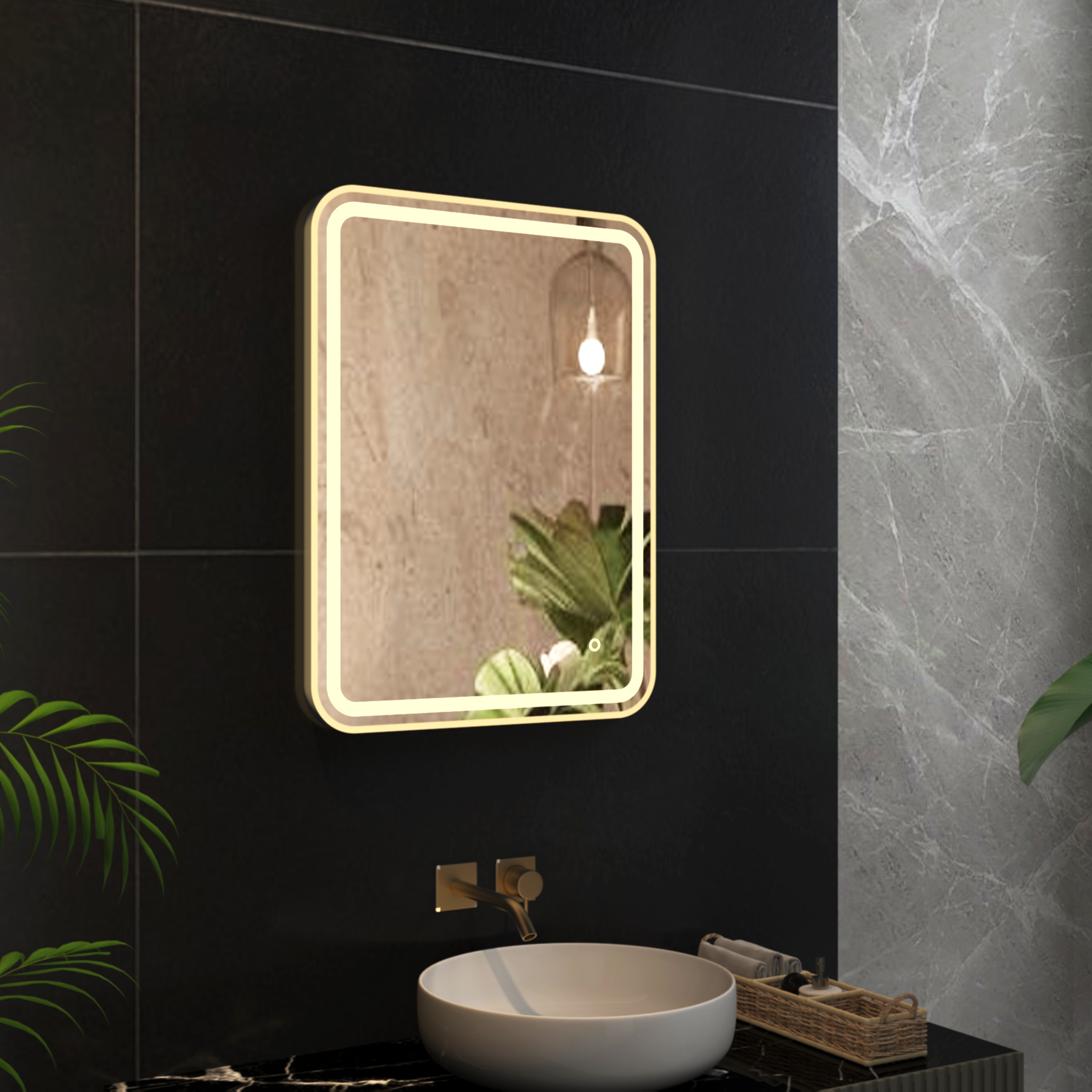 Luna 600 x 800mm Brushed Brass Frontlit LED Framed Illuminated Mirror with Demister Pad & Touch Sensor