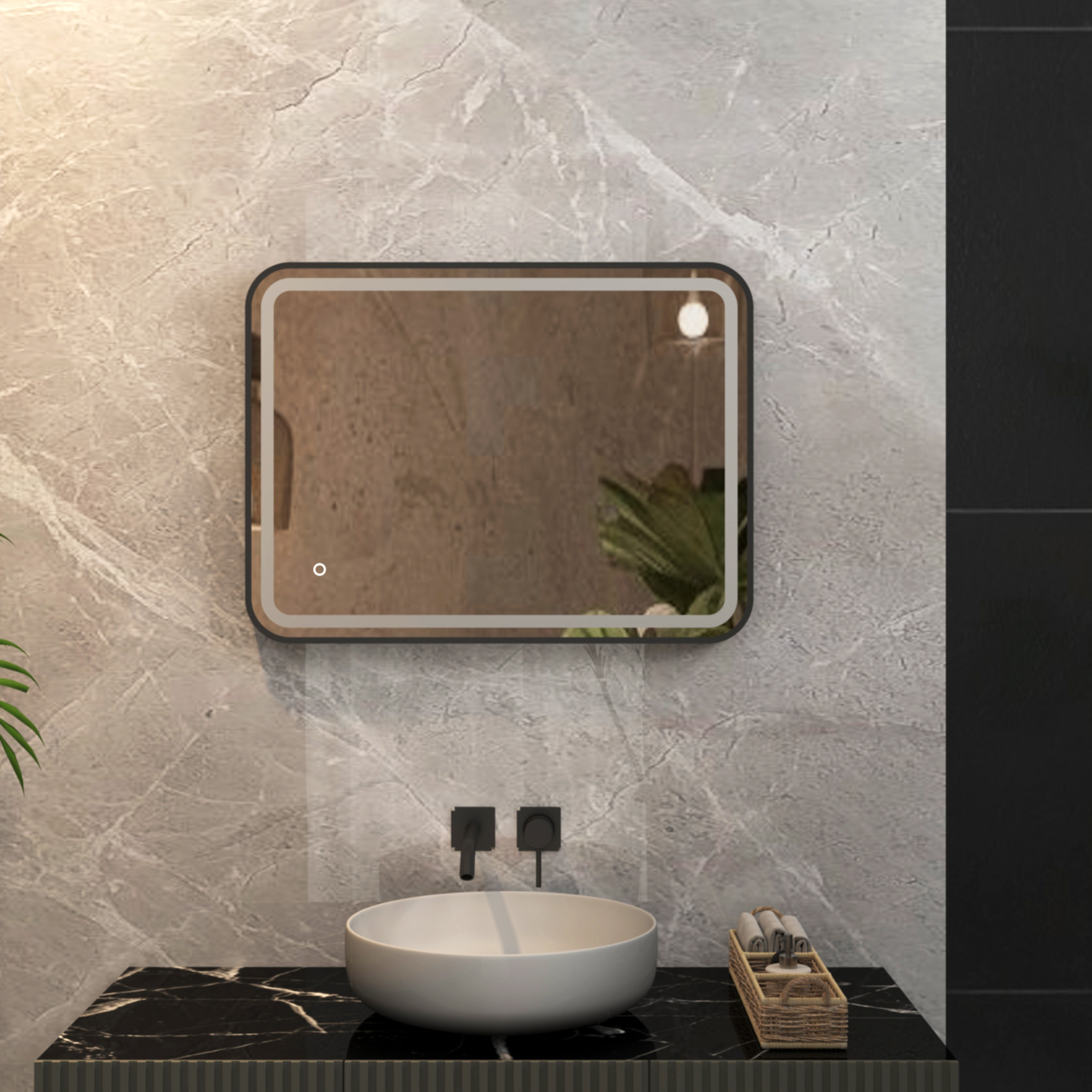 Luna 600 x 800mm Matt Black Frontlit LED Illuminated Framed Mirror with Demister Pad & Touch Sensor