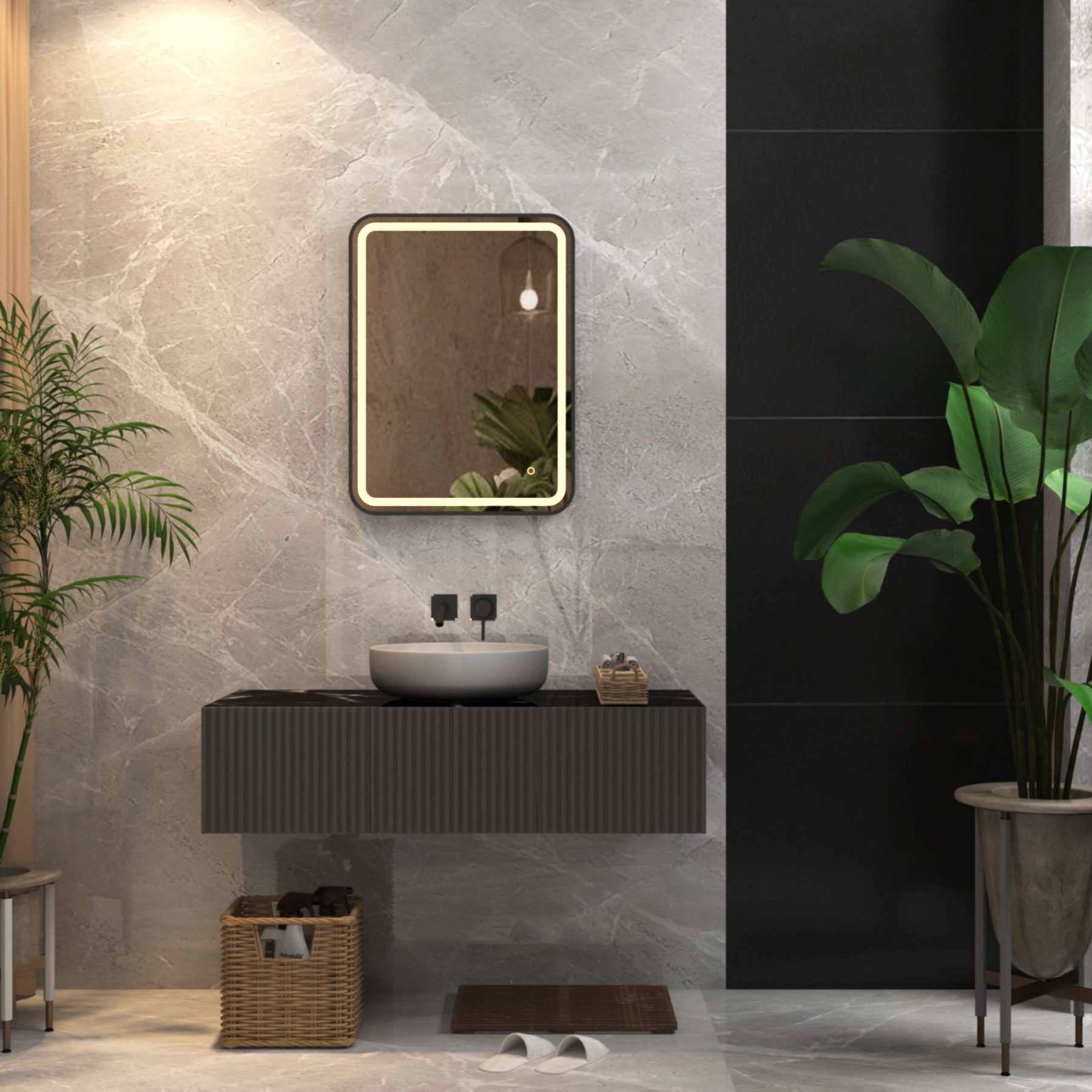 Luna 600 x 800mm Matt Black Frontlit LED Illuminated Framed Mirror with Demister Pad & Touch Sensor