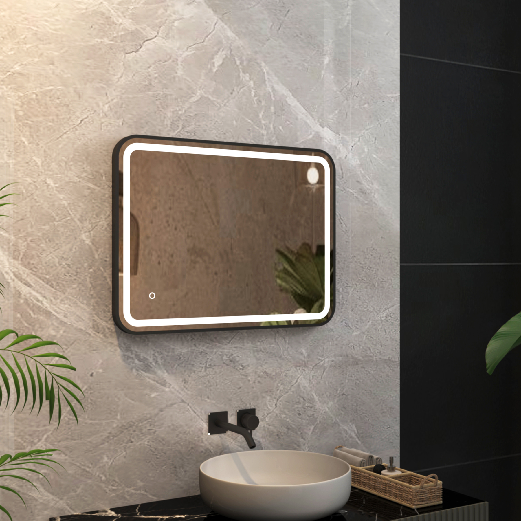 Luna 600 x 800mm Matt Black Frontlit LED Illuminated Framed Mirror with Demister Pad & Touch Sensor