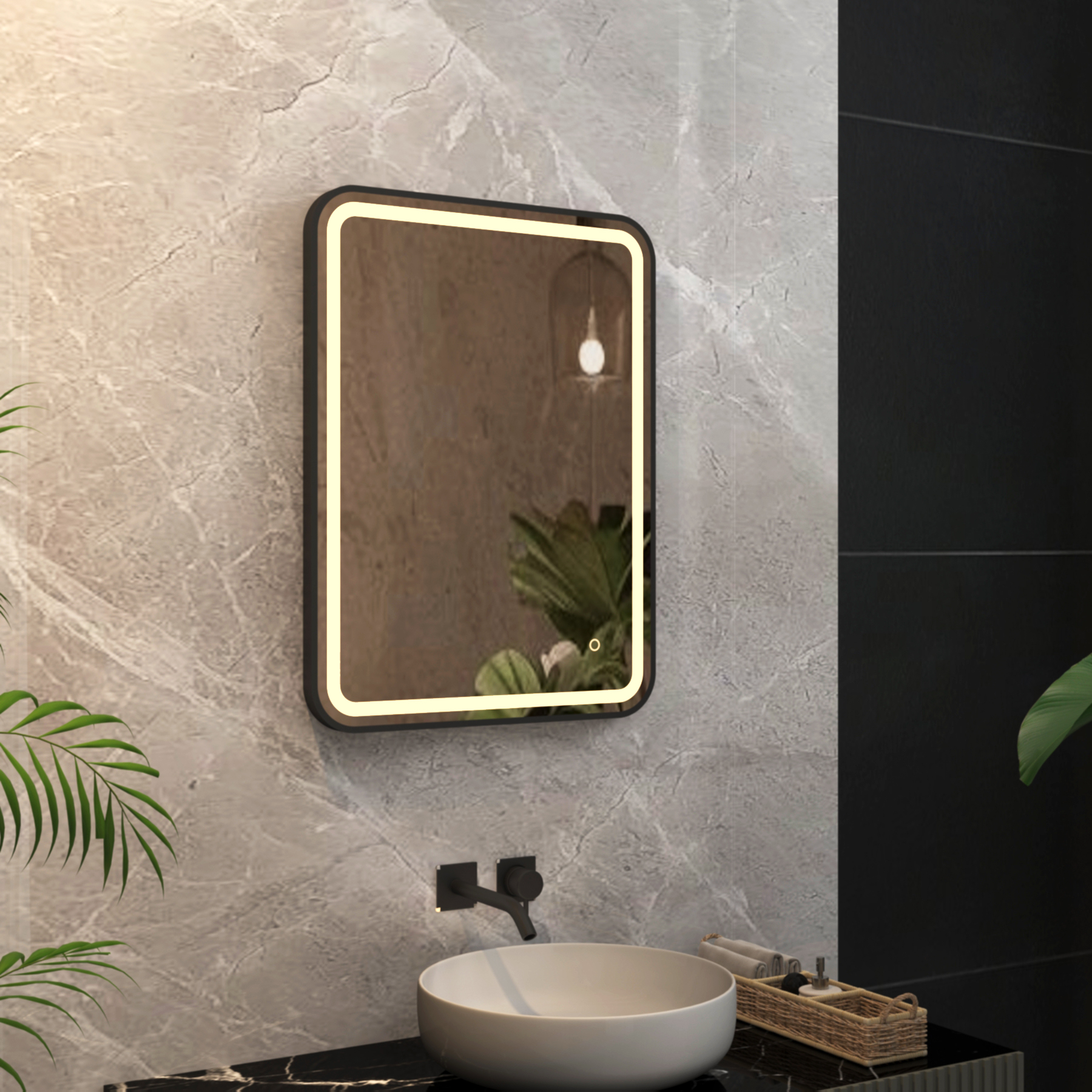 Luna 600 x 800mm Matt Black Frontlit LED Illuminated Framed Mirror with Demister Pad & Touch Sensor