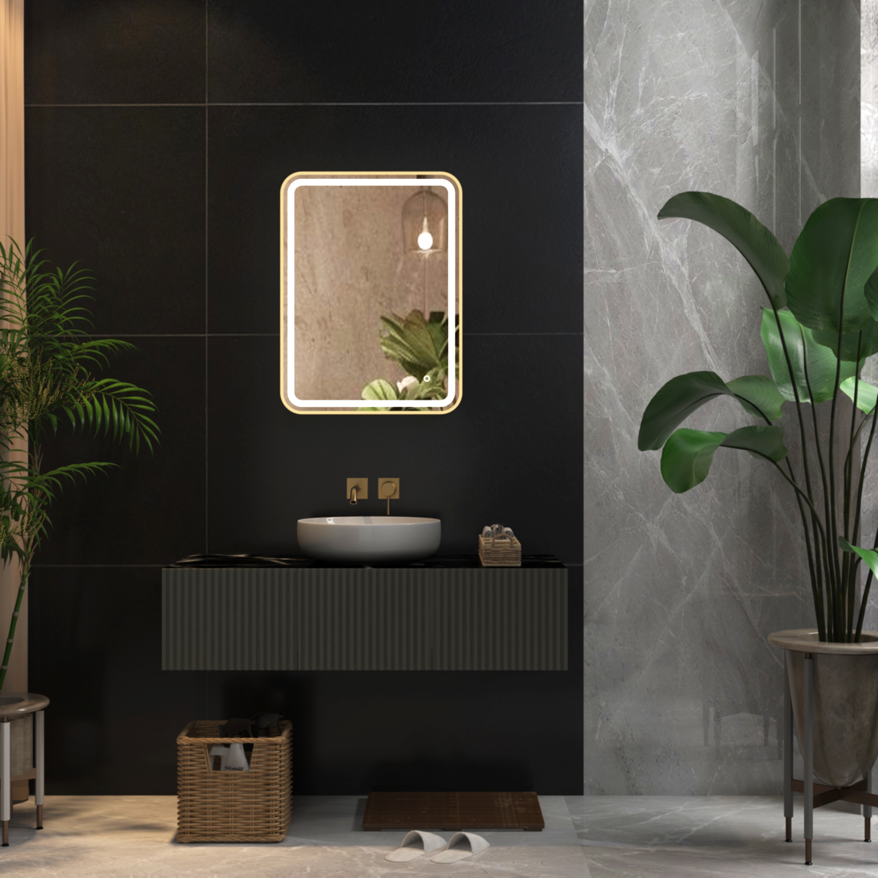 Luna 600 x 800mm Brushed Brass Frontlit LED Illuminated Framed Mirror with Demister Pad & Touch Sensor