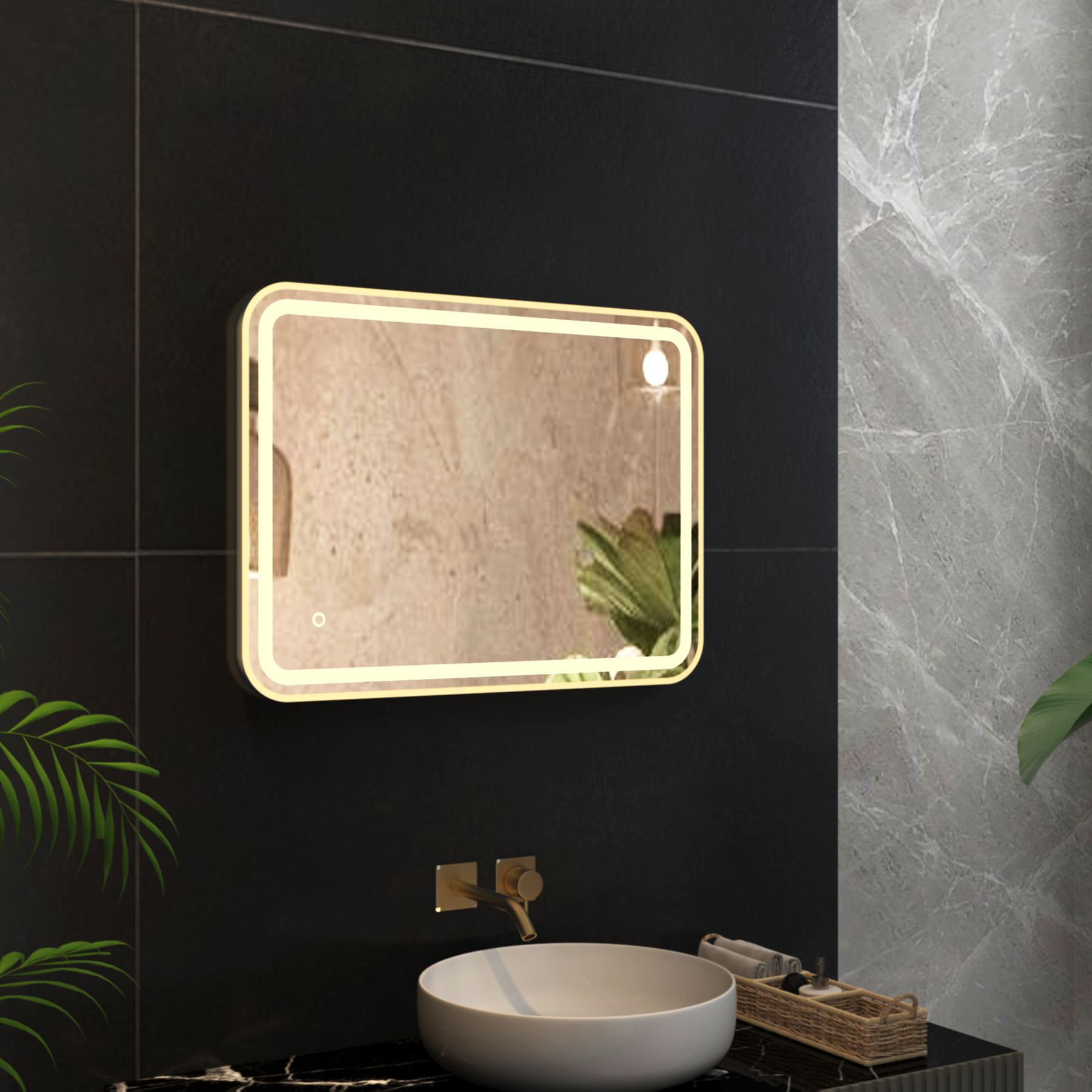 Luna 600 x 800mm Brushed Brass Frontlit LED Illuminated Framed Mirror with Demister Pad & Touch Sensor