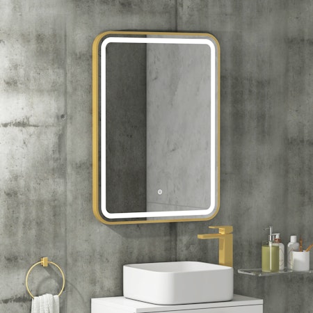 Luna Brushed Brass LED Mirror Illuminated Frame with Demister Pad & Touch Sensor