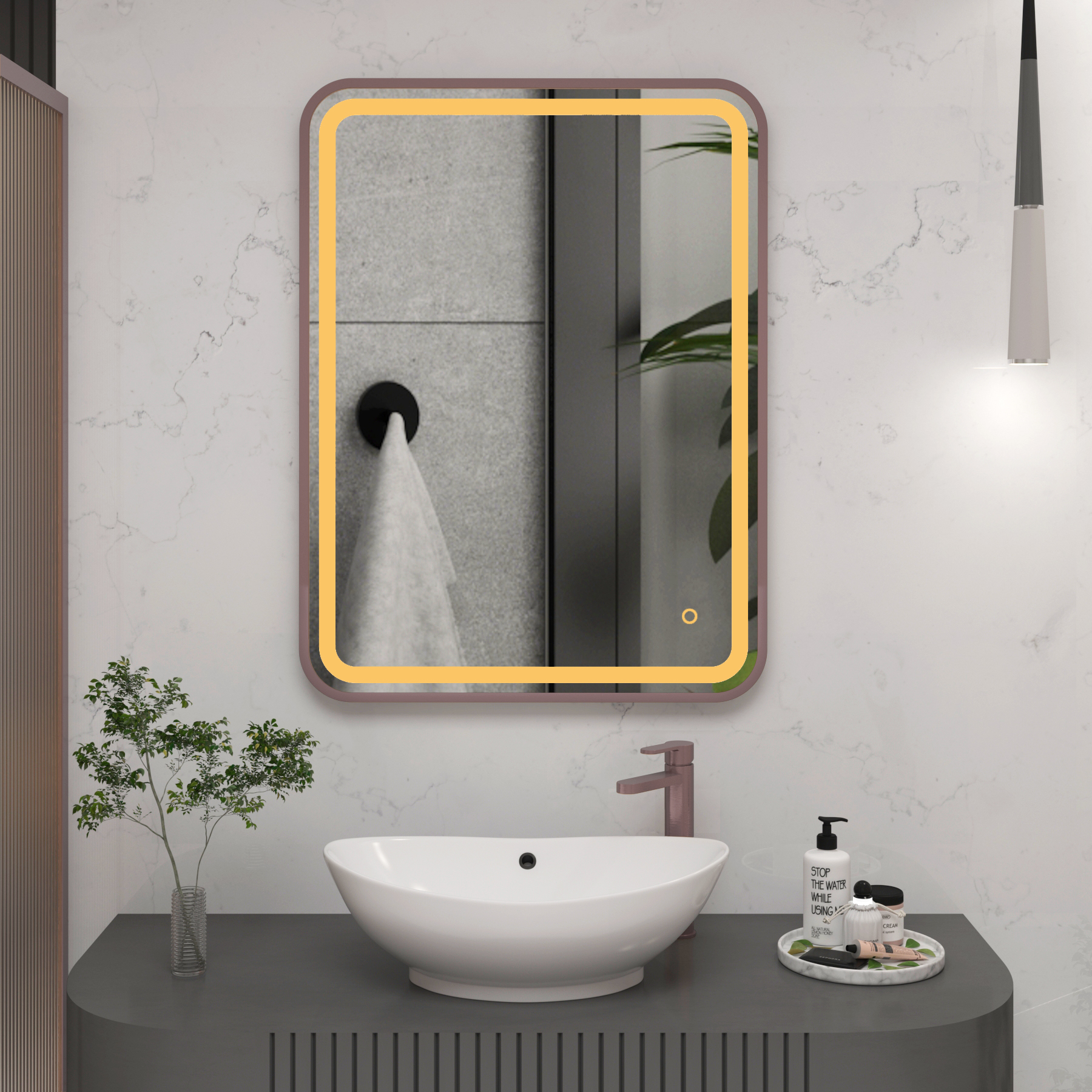 Luna 500 x 700mm Brushed Bronze Frontlit LED Illuminated Framed Mirror with Demister Pad & Touch Sensor
