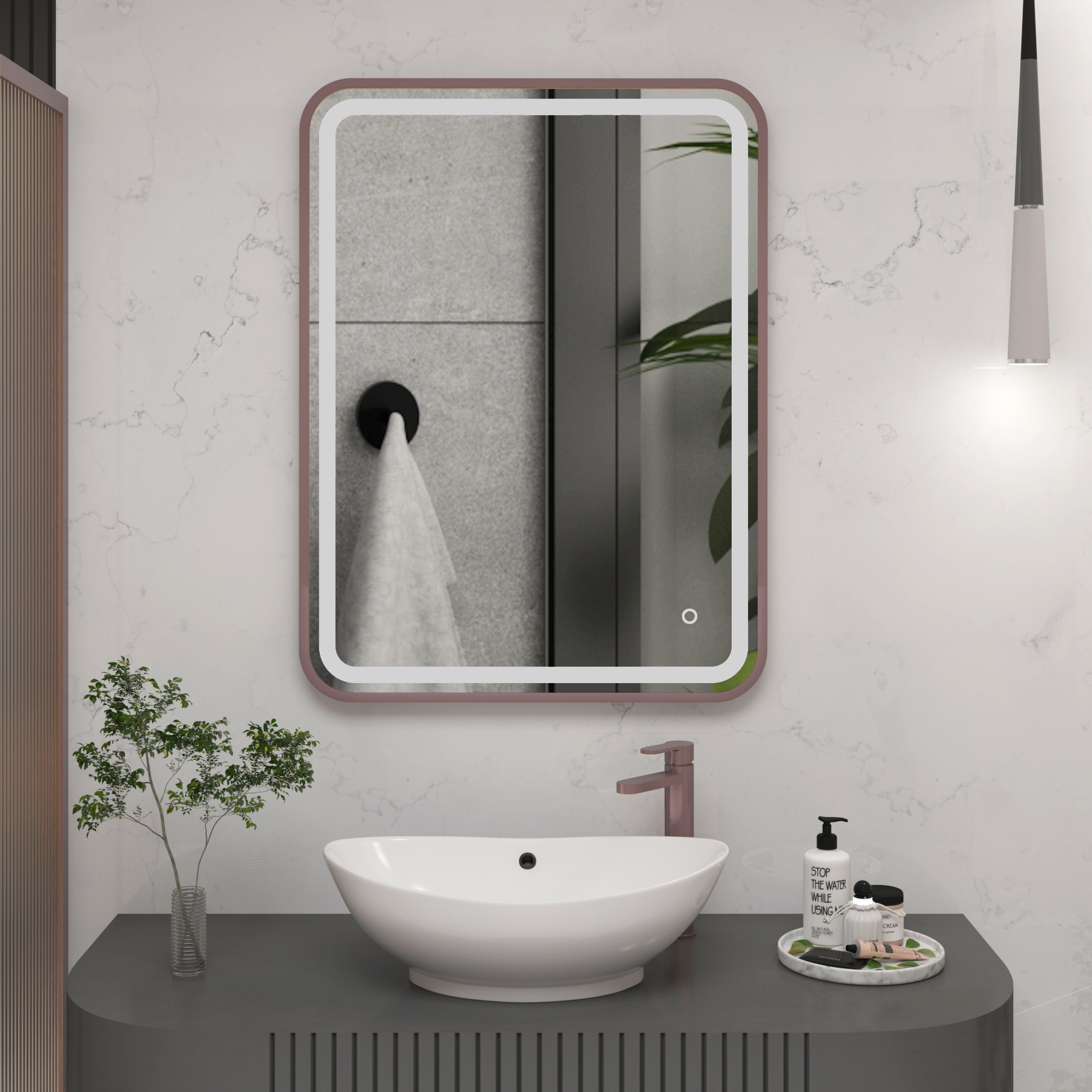 Luna 500 x 700mm Brushed Bronze Frontlit LED Illuminated Framed Mirror with Demister Pad & Touch Sensor