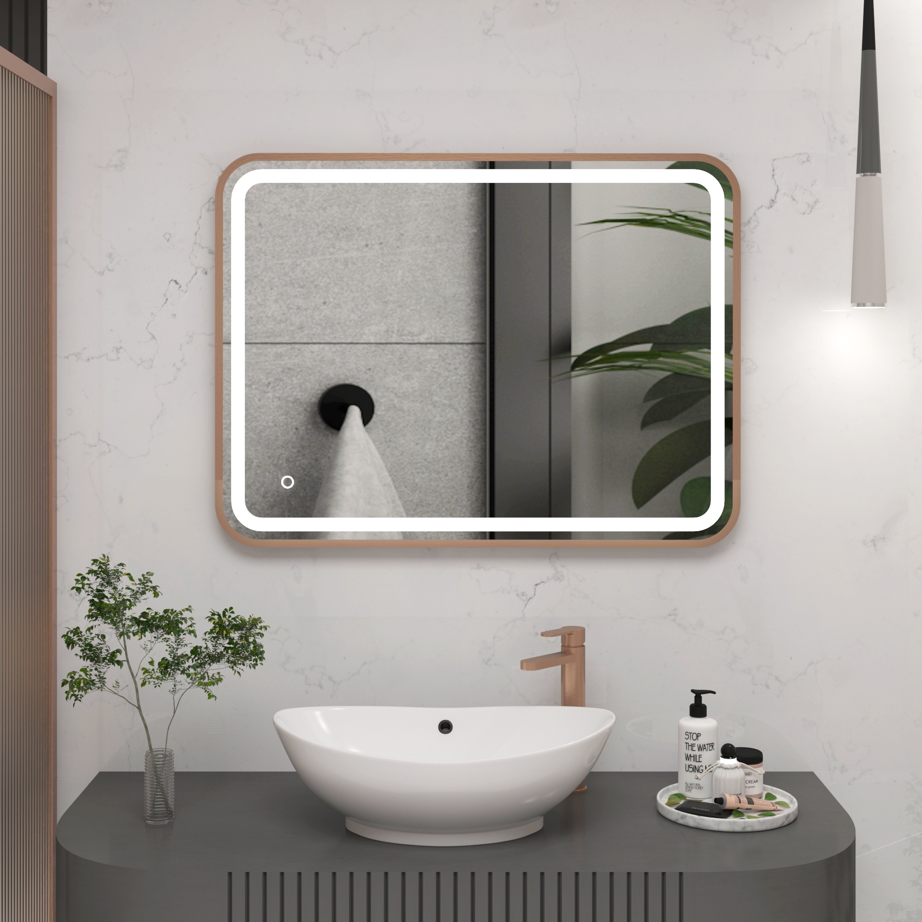Luna 500 x 700mm Brushed Bronze Frontlit LED Illuminated Framed Mirror with Demister Pad & Touch Sensor