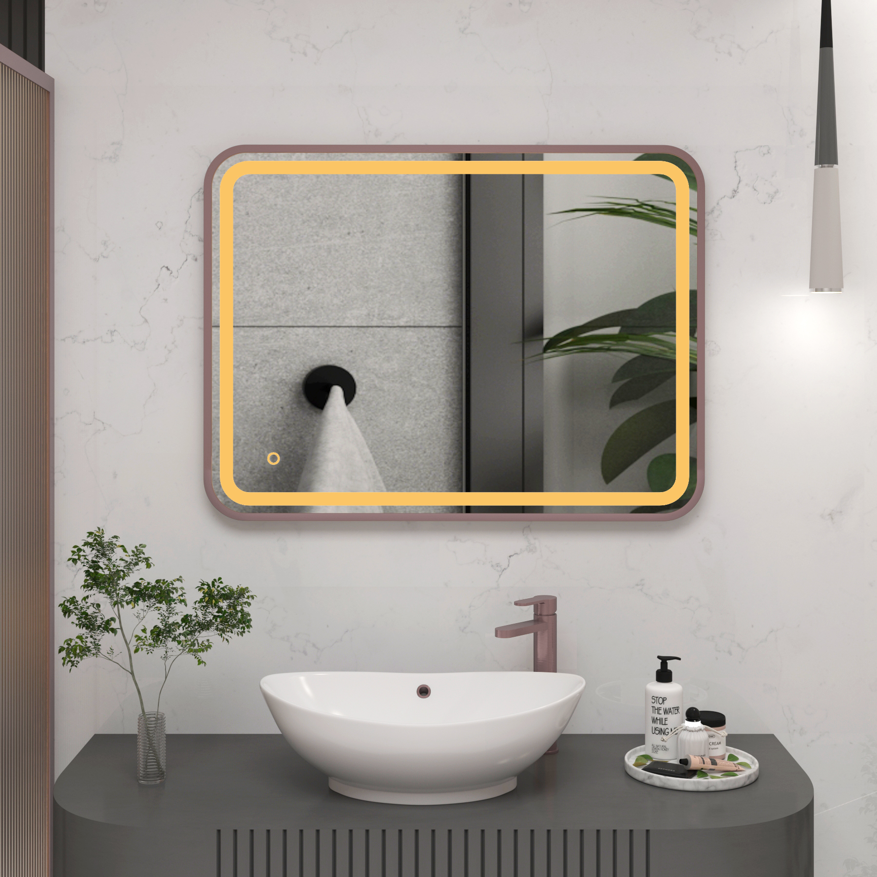 Luna 500 x 700mm Brushed Bronze Frontlit LED Illuminated Framed Mirror with Demister Pad & Touch Sensor