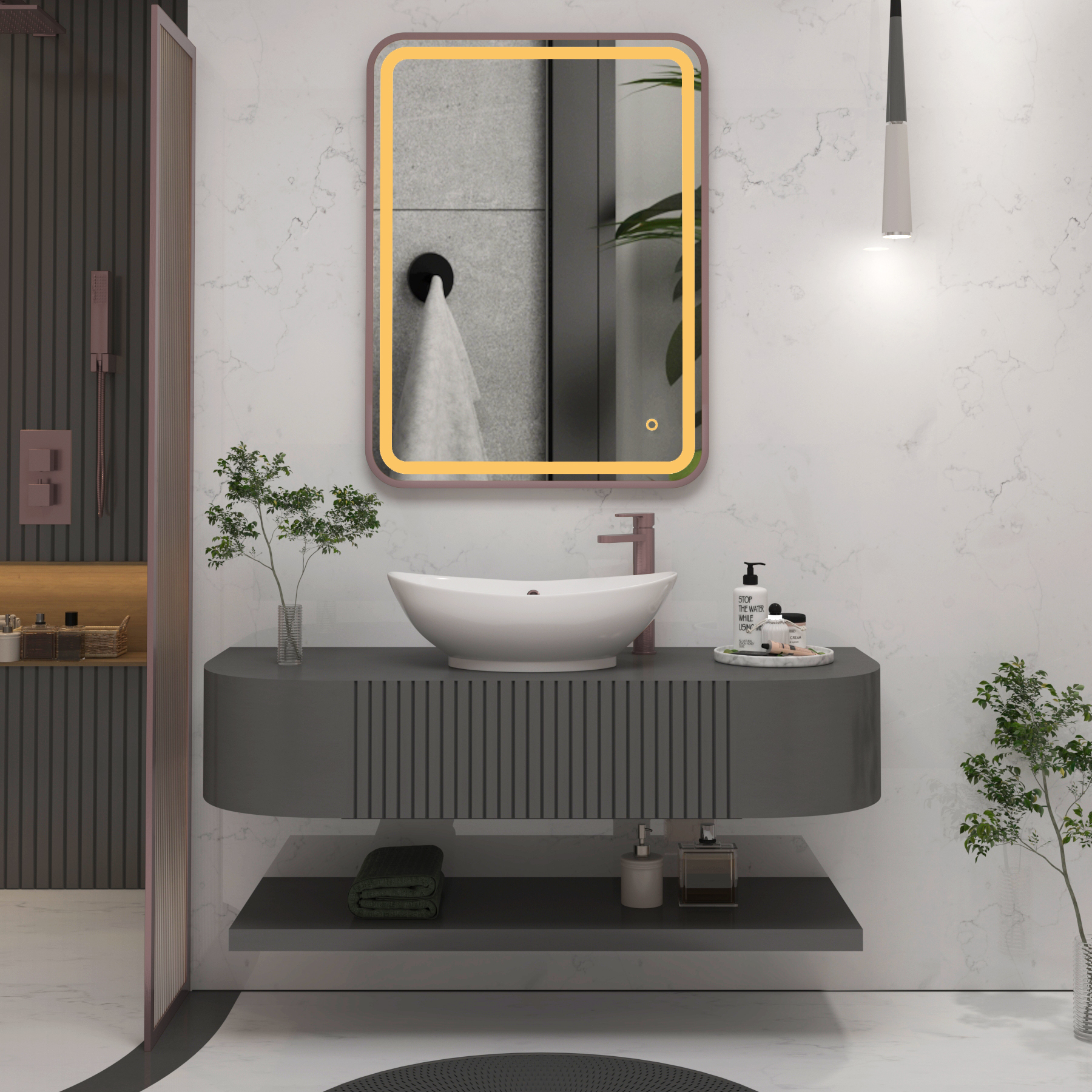 Luna 500 x 700mm Brushed Bronze Frontlit LED Illuminated Framed Mirror with Demister Pad & Touch Sensor