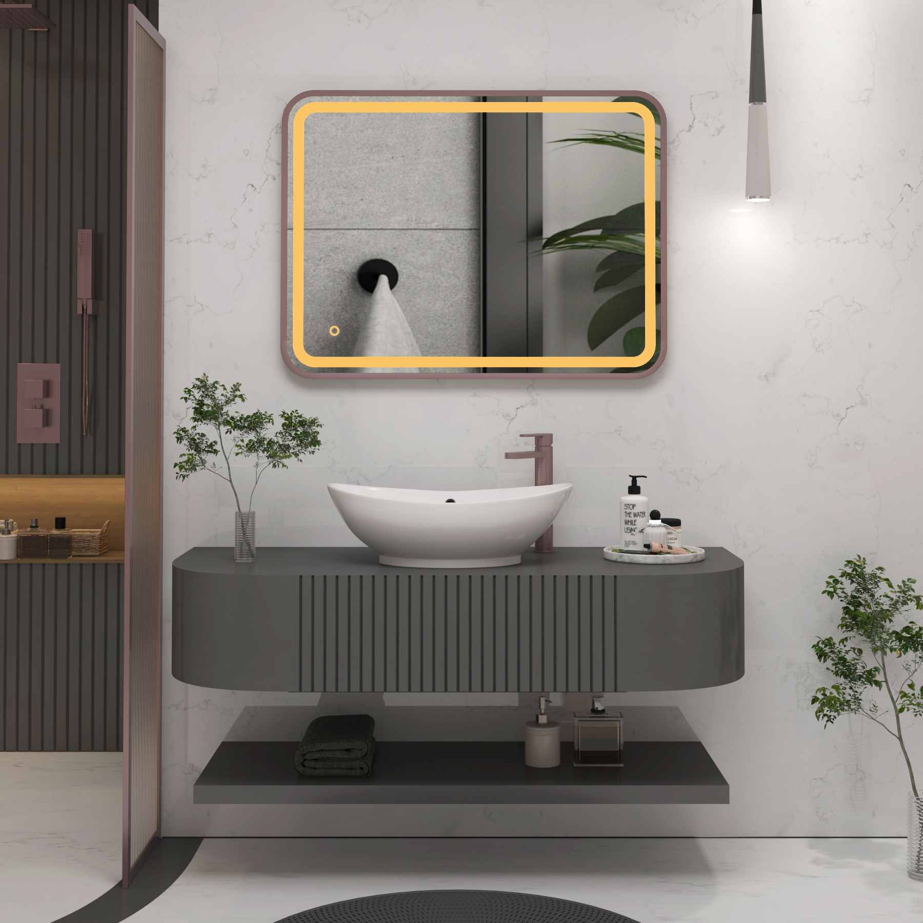 Luna 500 x 700mm Brushed Bronze Frontlit LED Illuminated Framed Mirror with Demister Pad & Touch Sensor