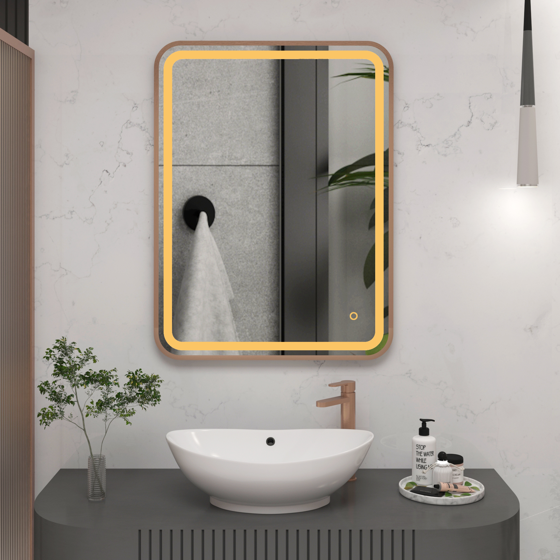 Luna 600 x 800mm Brushed Bronze Frontlit LED Illuminated Framed Mirror with Demister Pad & Touch Sensor