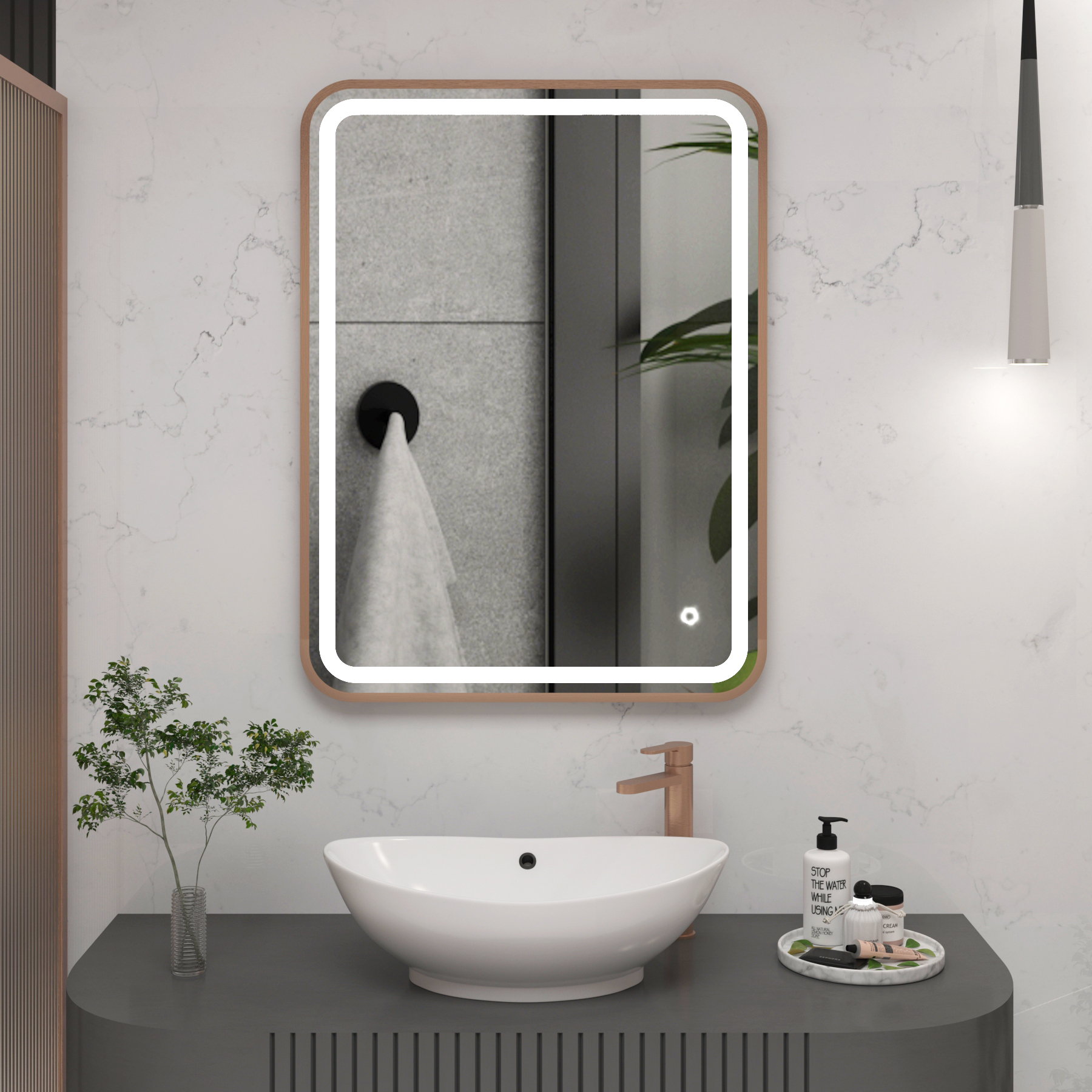 Luna 600 x 800mm Brushed Bronze Frontlit LED Illuminated Framed Mirror with Demister Pad & Touch Sensor