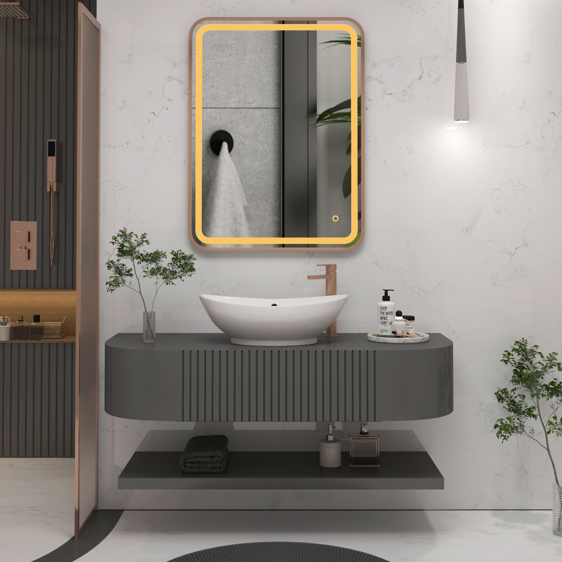 Luna 600 x 800mm Brushed Bronze Frontlit LED Illuminated Framed Mirror with Demister Pad & Touch Sensor