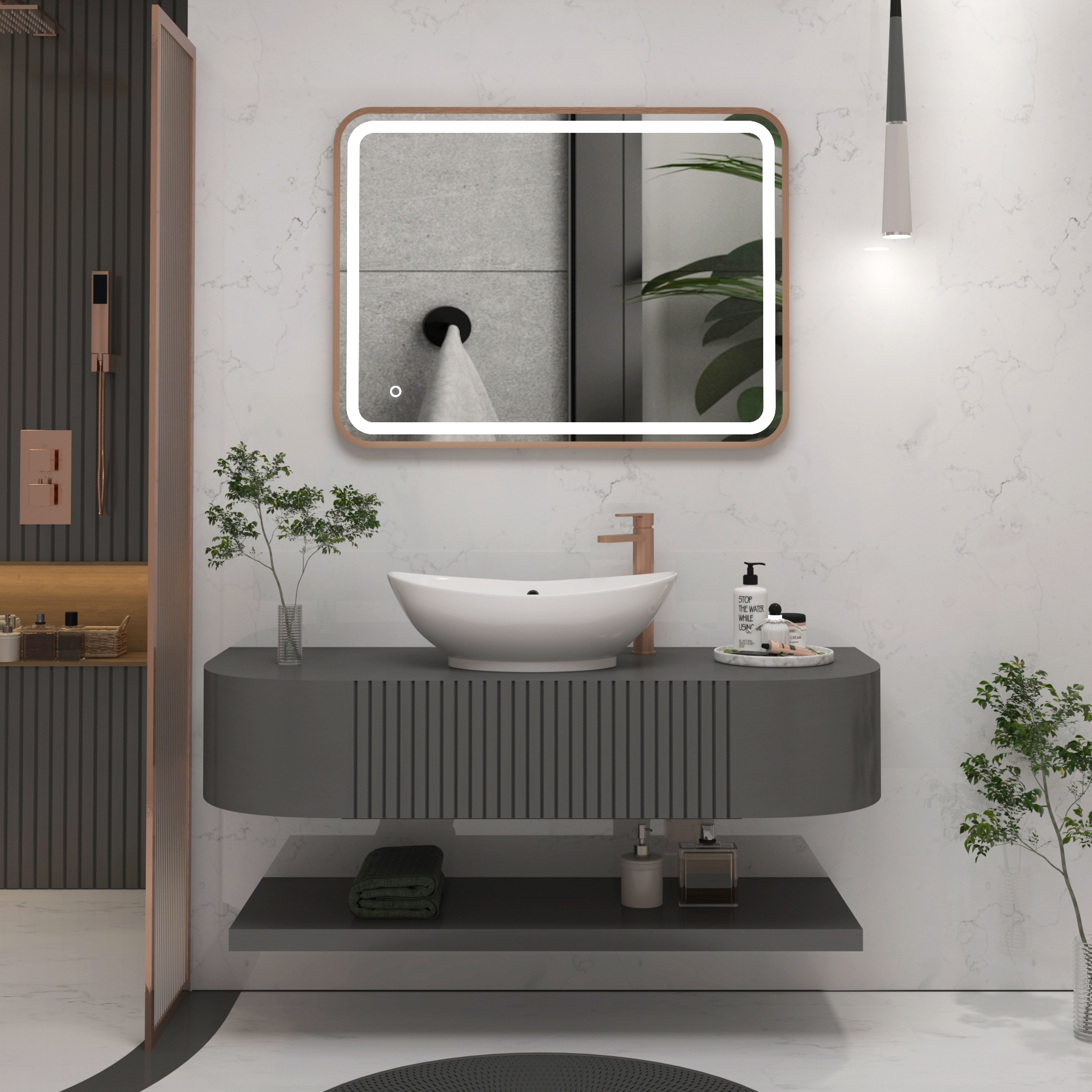 Luna 600 x 800mm Brushed Bronze Frontlit LED Illuminated Framed Mirror with Demister Pad & Touch Sensor