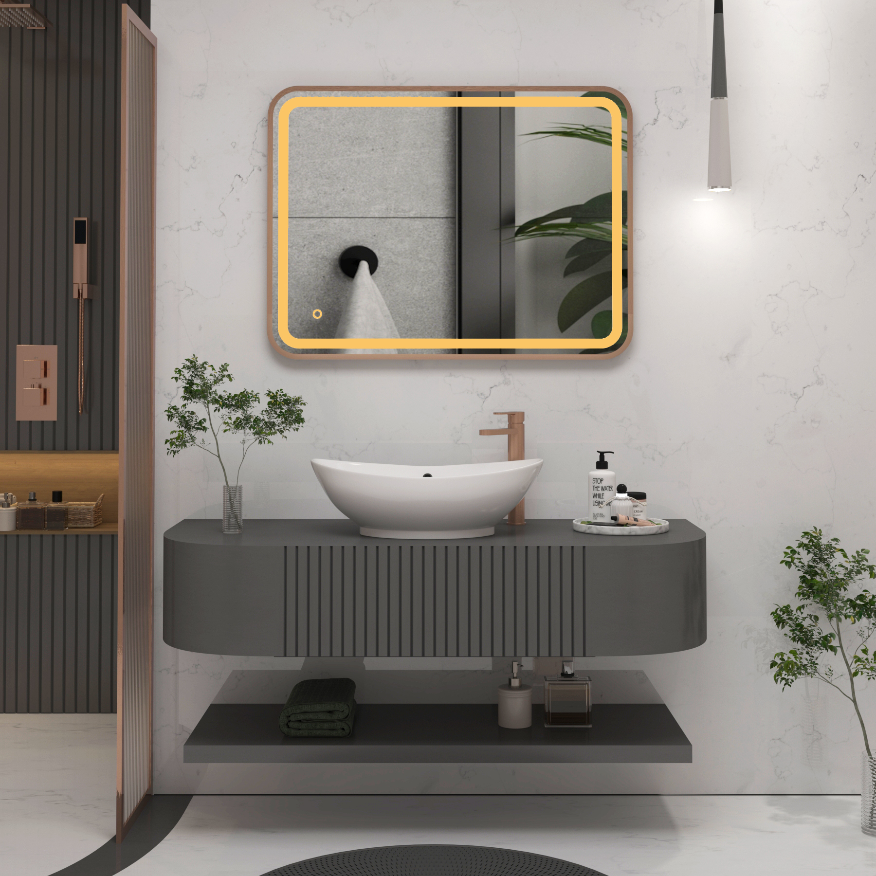 Luna 600 x 800mm Brushed Bronze Frontlit LED Illuminated Framed Mirror with Demister Pad & Touch Sensor