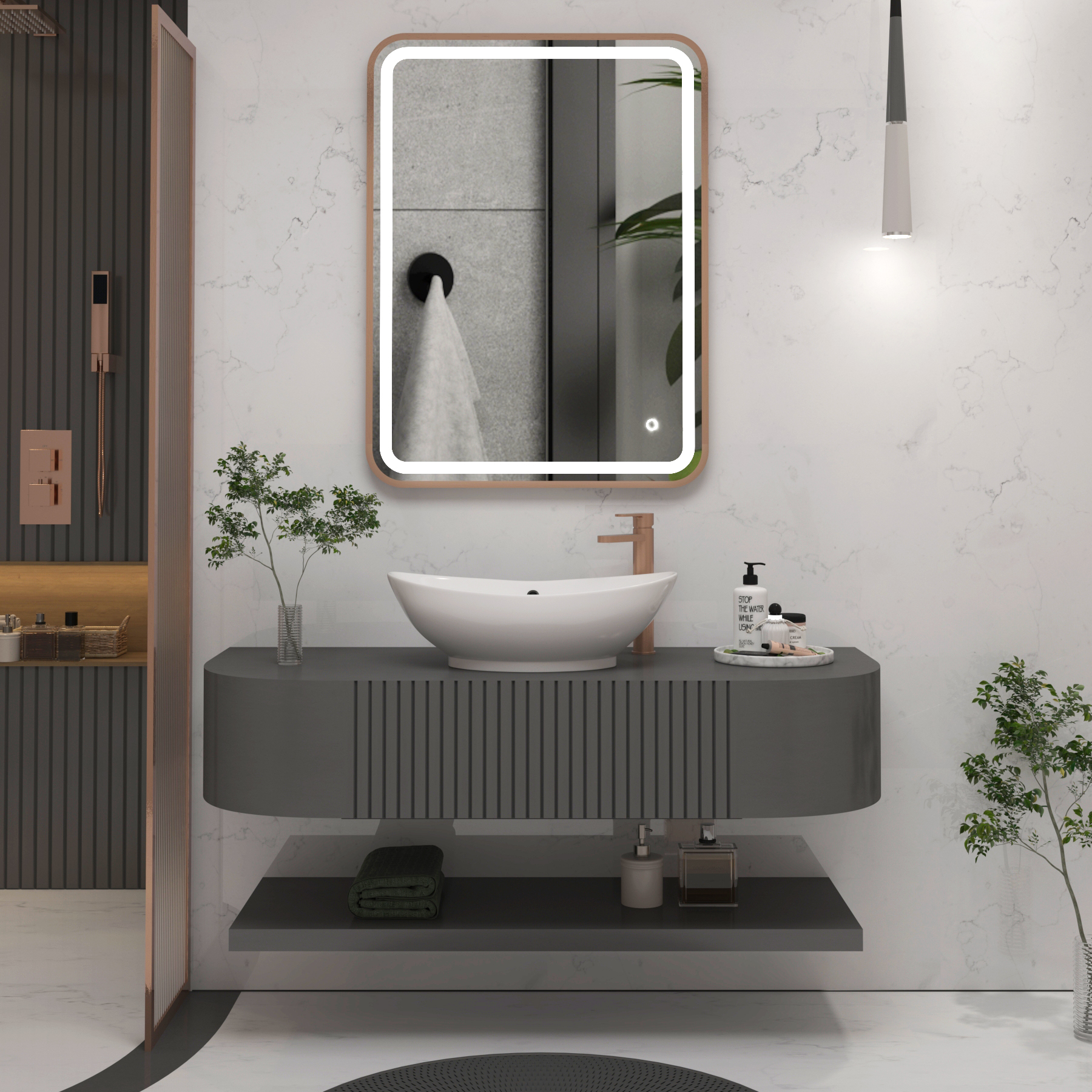 Luna 600 x 800mm Brushed Bronze Frontlit LED Illuminated Framed Mirror with Demister Pad & Touch Sensor