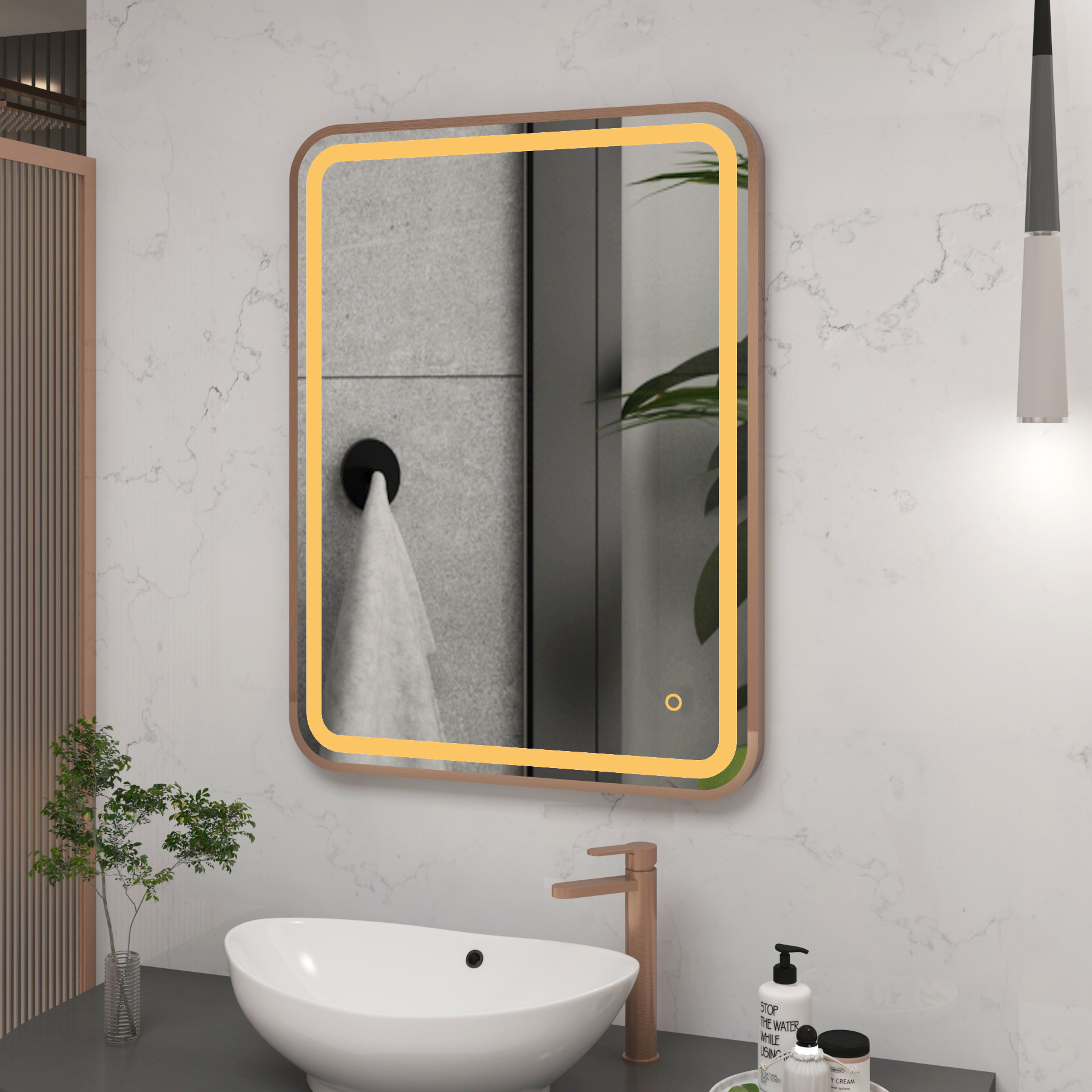 Luna 600 x 800mm Brushed Bronze Frontlit LED Illuminated Framed Mirror with Demister Pad & Touch Sensor
